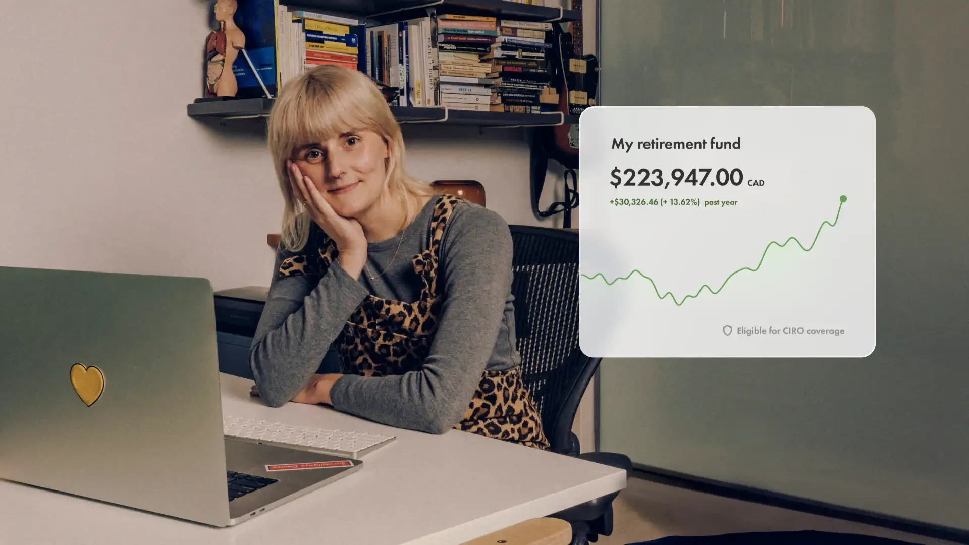 Smiling Wealthsimple client with her laptop. Climbing graph reads "My retirement fund" and "Eligible for CIRO coverage"