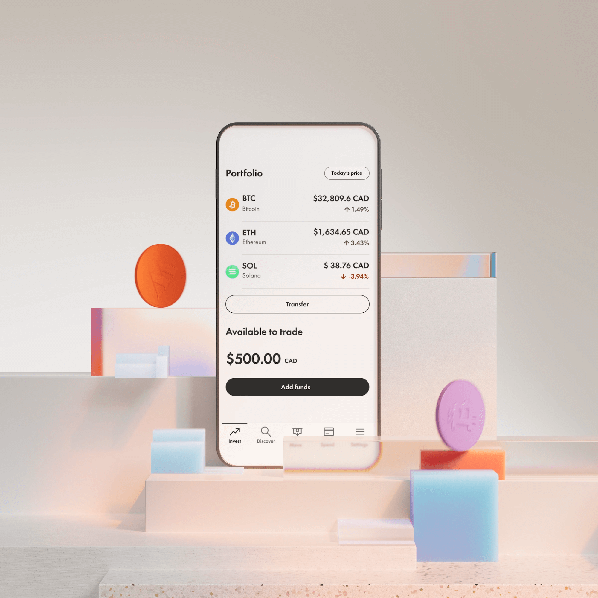Phone displaying a Wealthsimple Crypto portfolio, placed on blocks with coins rolling around