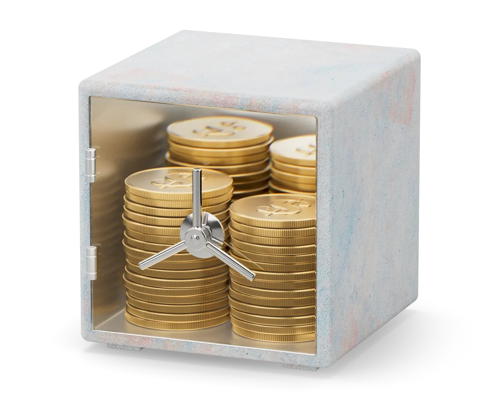 A safe holding a bunch of stacked gold coins