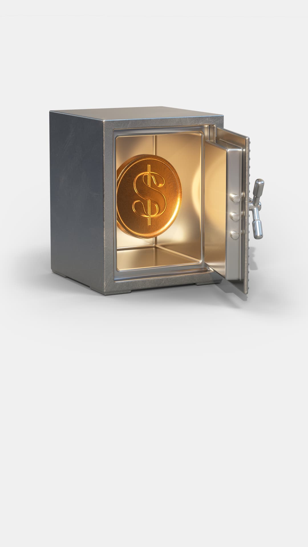 A safe with the door open and a large golden coin sitting inside