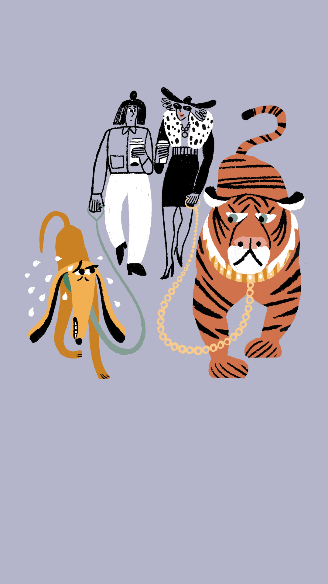 Comic of two women walking pets. One is dressed casually and is walking a dog, the other is dressed up and walking a tiger. 