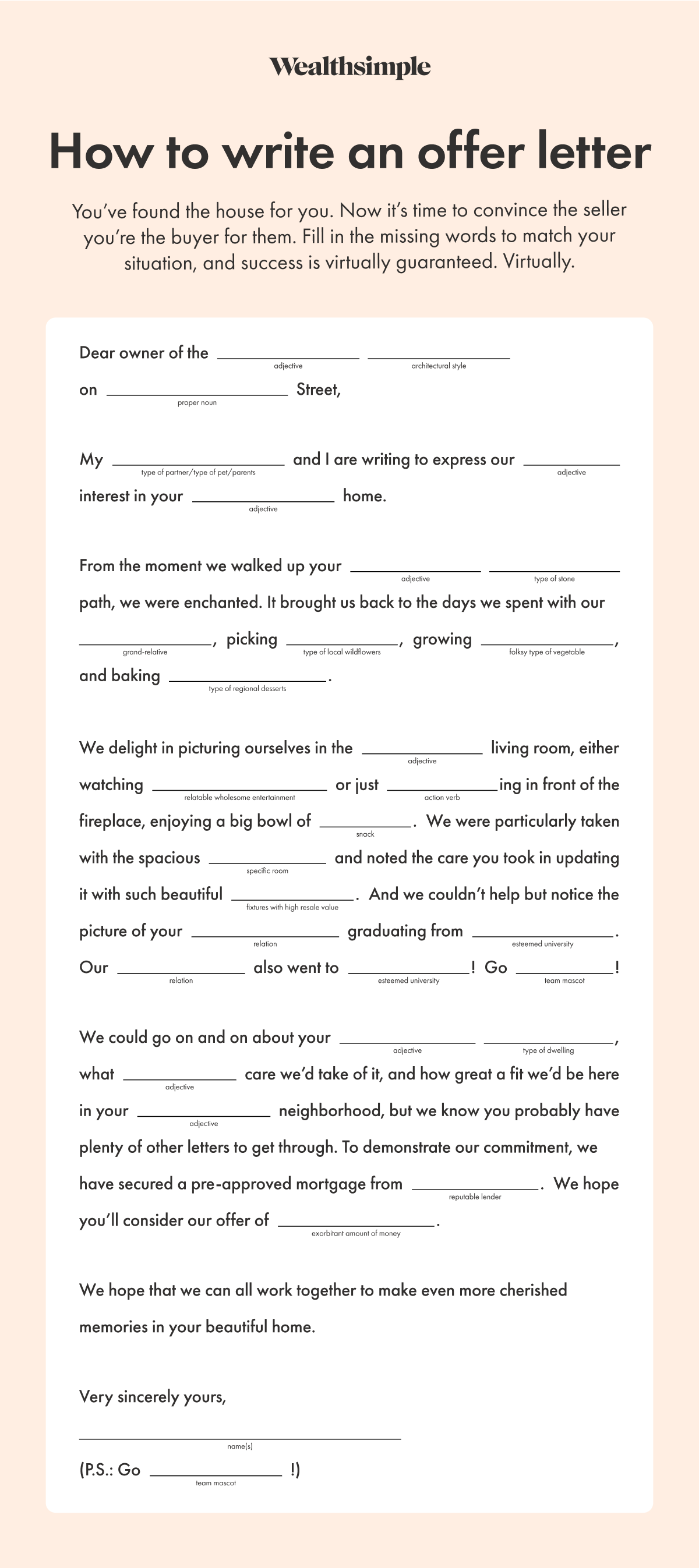 Image showing how to write an offer letter in the style of mad libs.