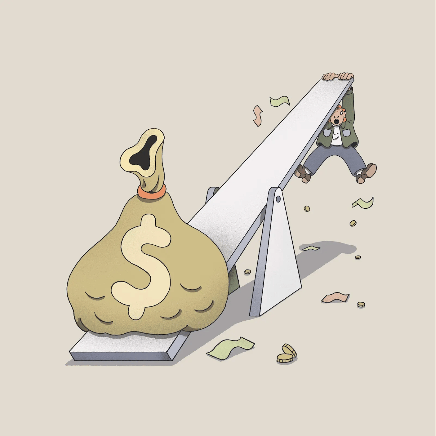 image of seesaw with a big bag of money on one side and a person barely holding on to the edge of the other side.