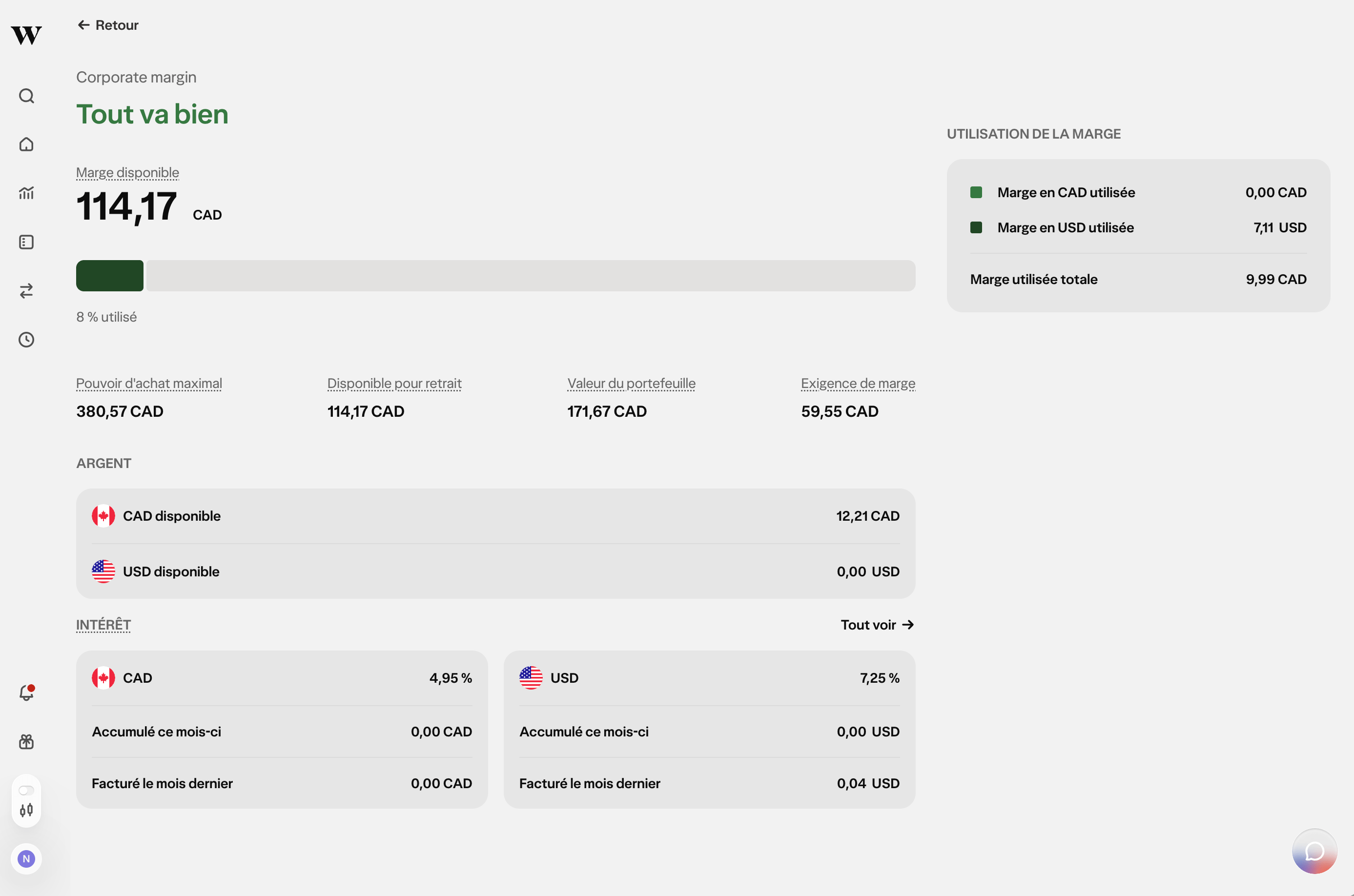 Widget d'état de la marge Wealthsimple