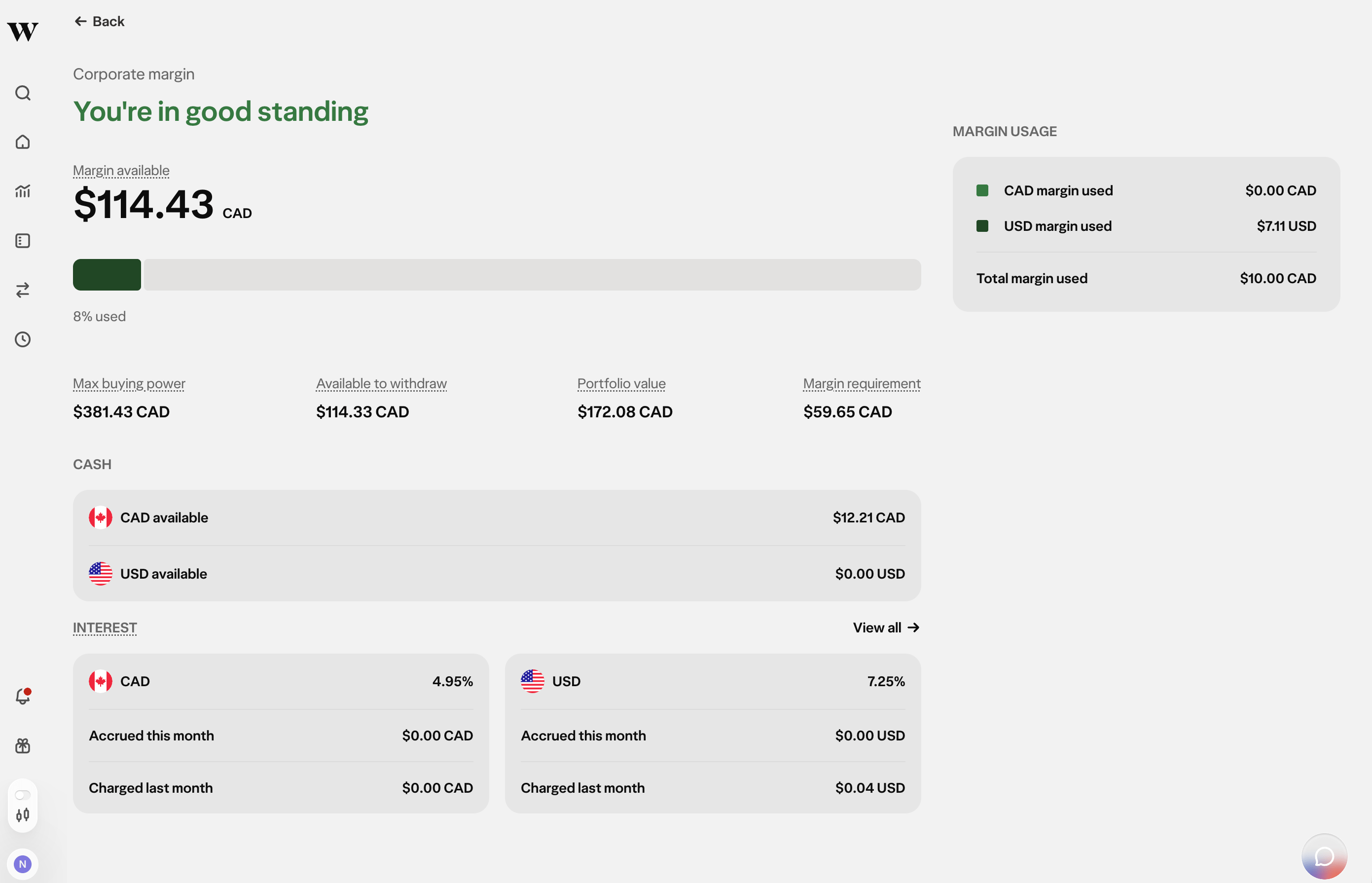 Wealthsimple margin health widget