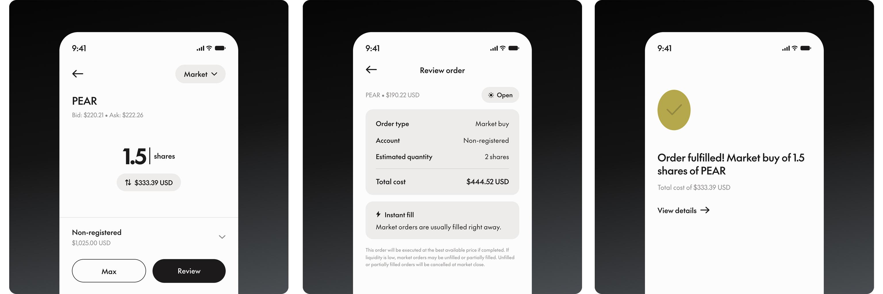 Images of the Wealthsimple app going through fractional order flow