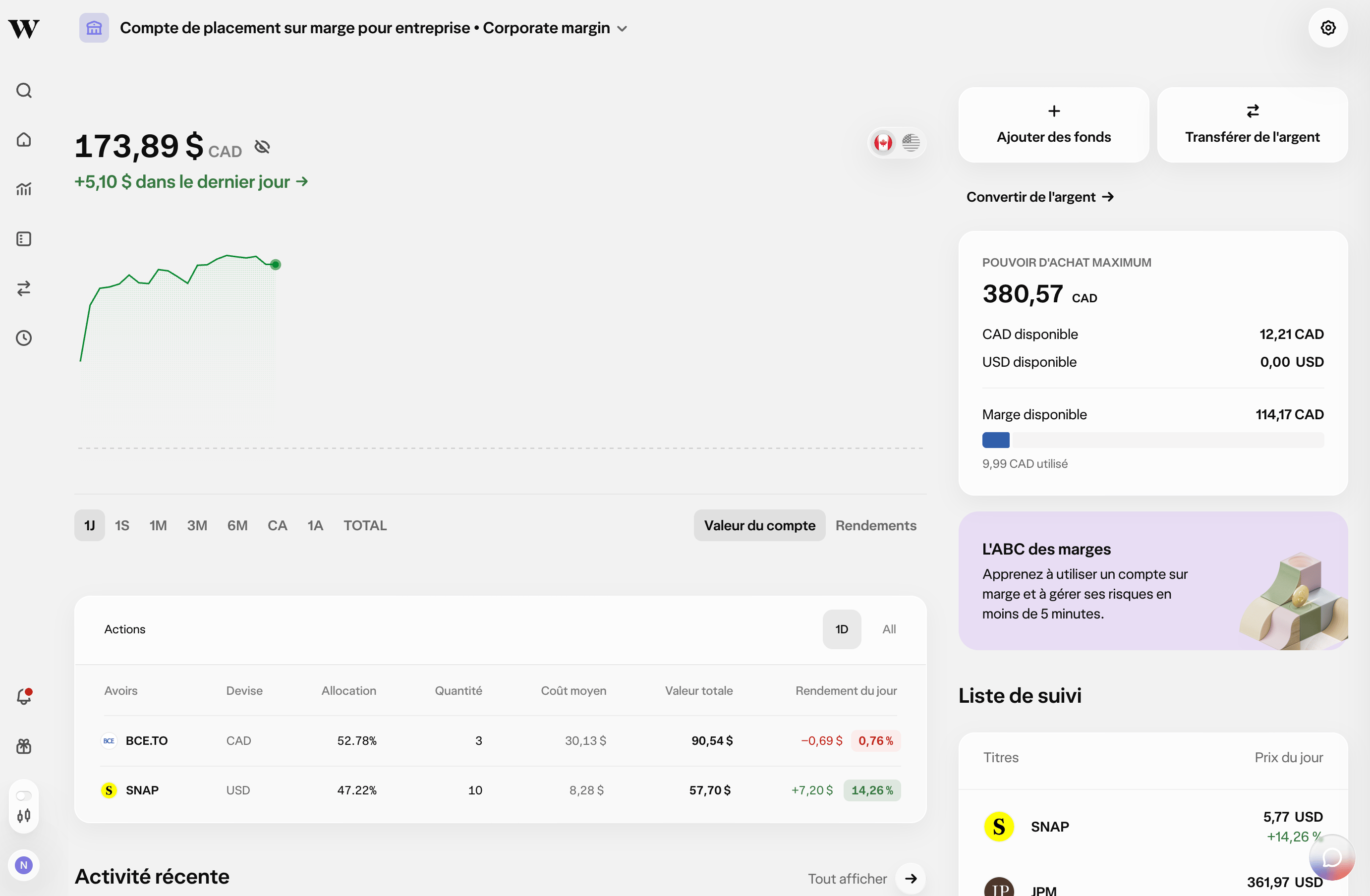 Tableau de bord de marge pour comptes d'entreprise Wealthsimple