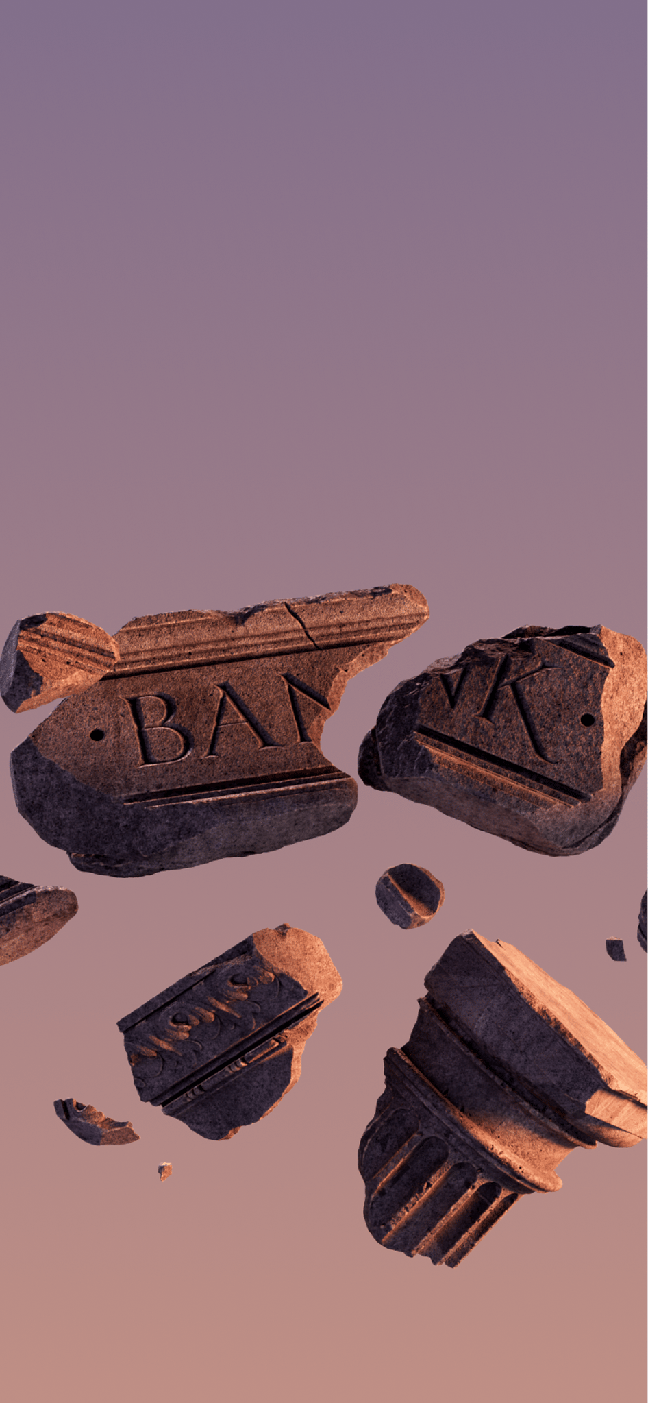 Broken pieces of a bank's facade.