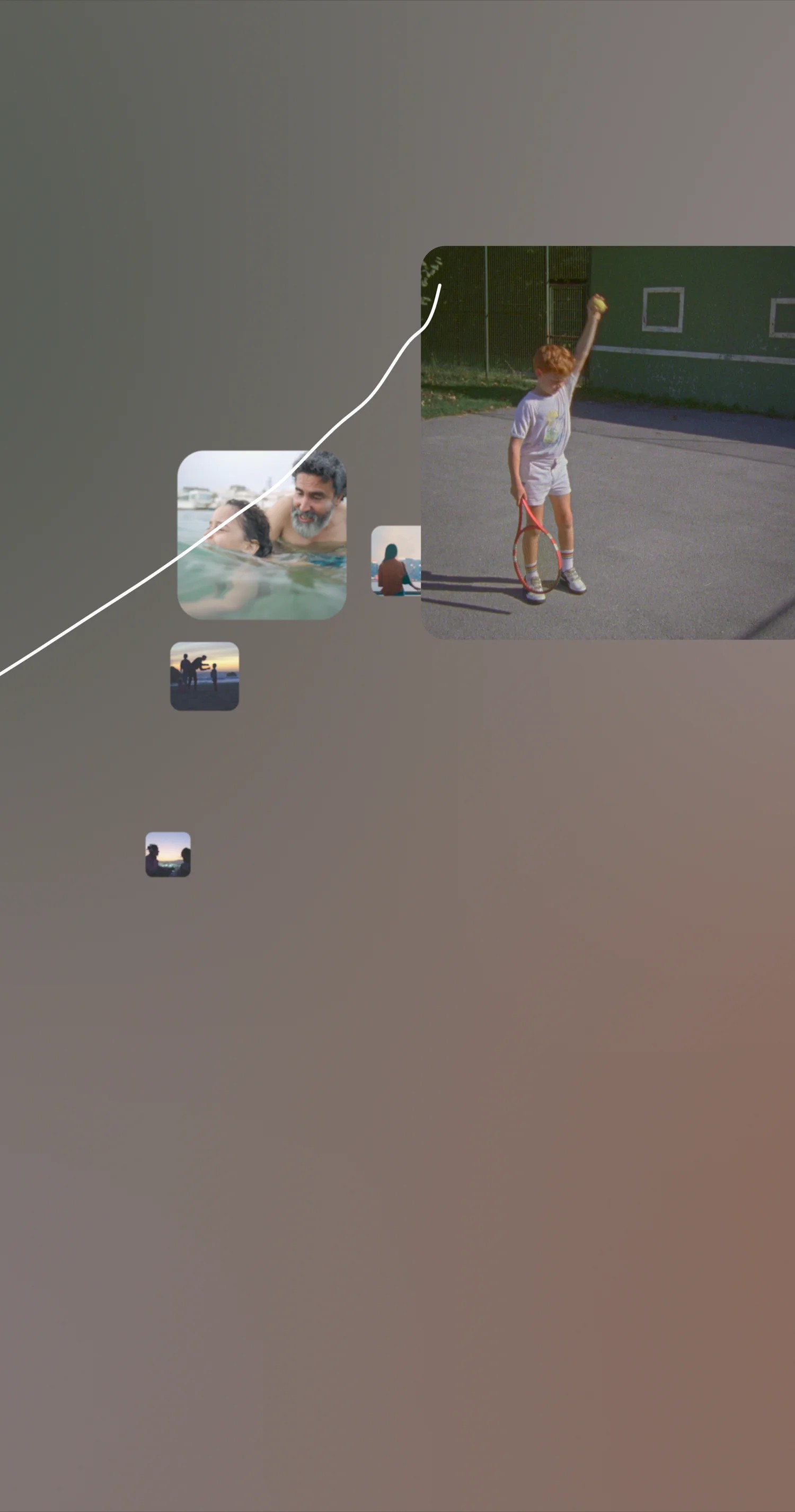A video displaying a rising graph on top of various life events, including a boy using a tennis racket and friends swimming.