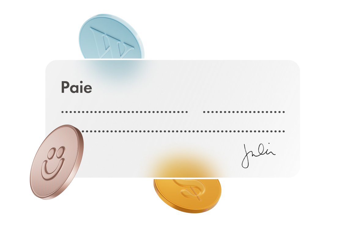 Chèque de paie blanc, des pièces colorées flottant tout autour.