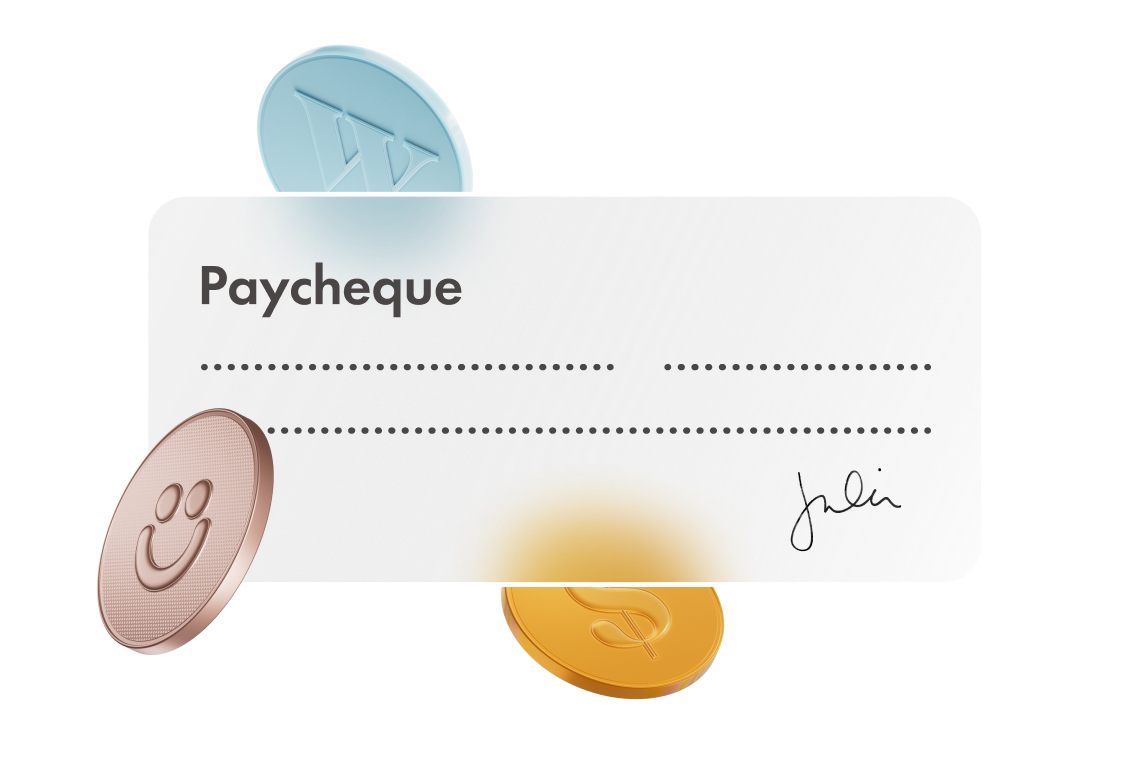 White paycheque with colourful coins floating around it.
