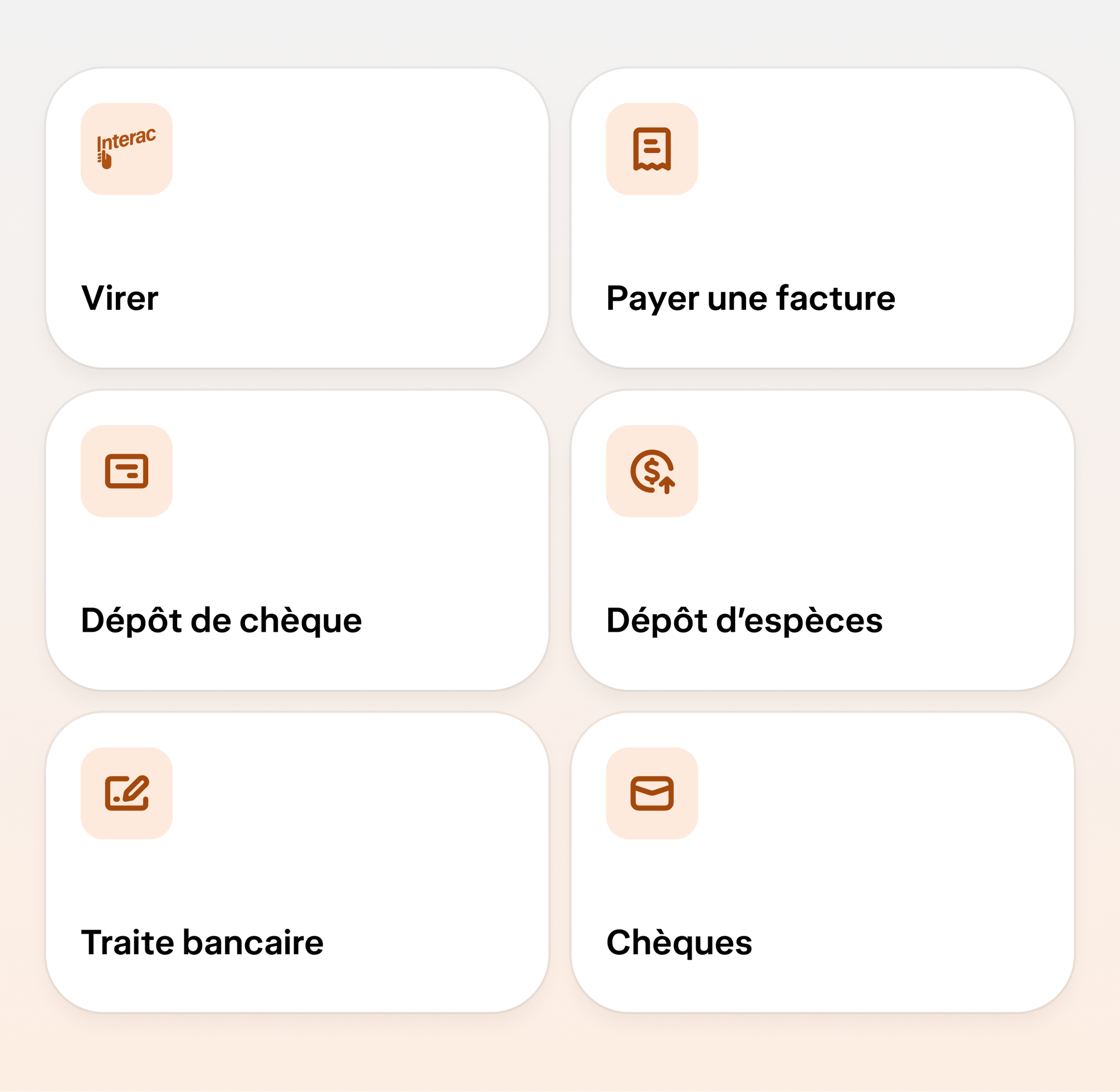 A screen displaying Branch services in Wealthsimple's app, with tiles for Add money, Transfer, e-Transfer, Pay bill, Deposit cheque, Deposit cash, Order bank draft, and Order cheques.