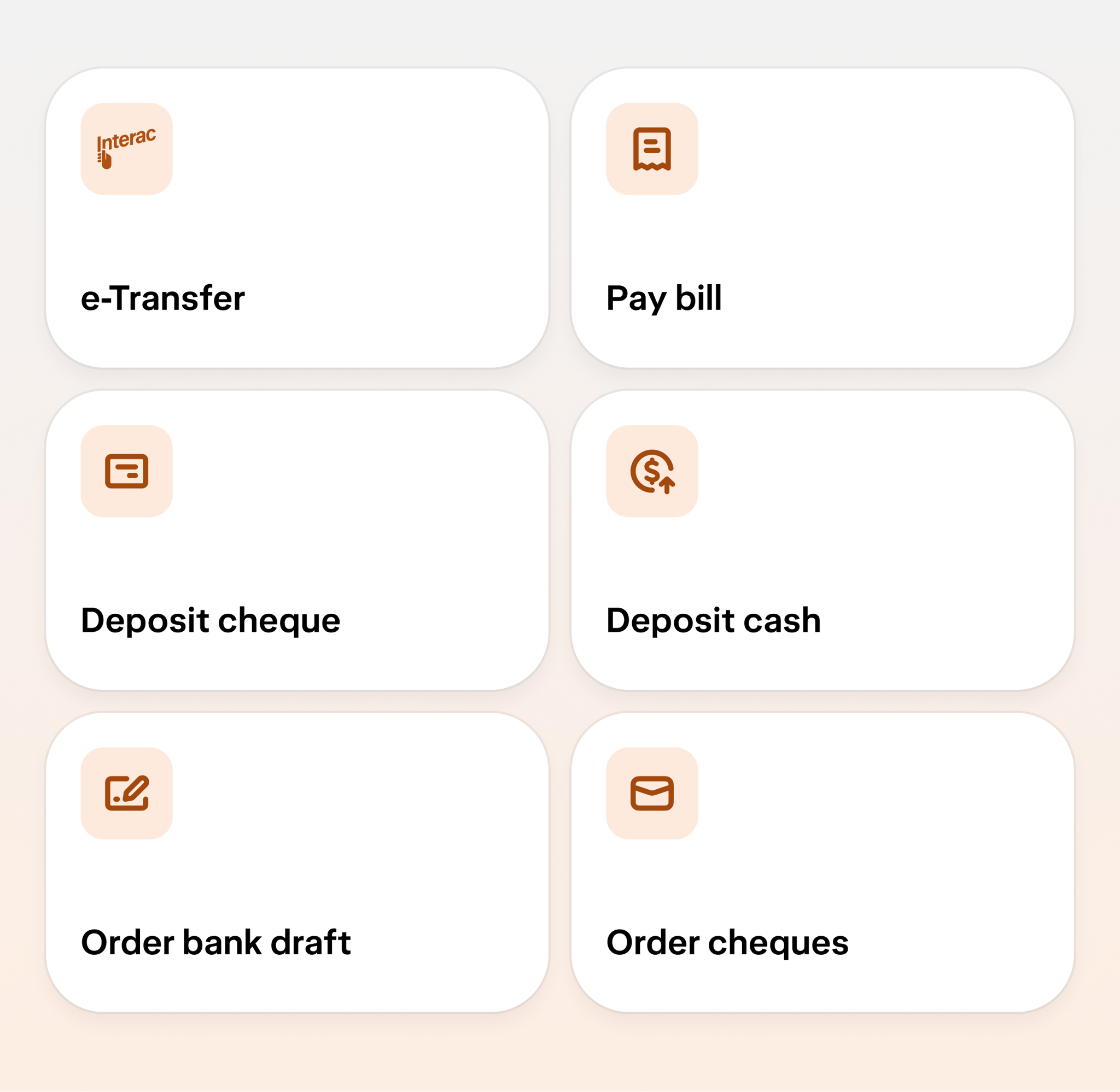 A screen displaying Branch services in Wealthsimple's app, with tiles for Add money, Transfer, e-Transfer, Pay bill, Deposit cheque, Deposit cash, Order bank draft, and Order cheques.