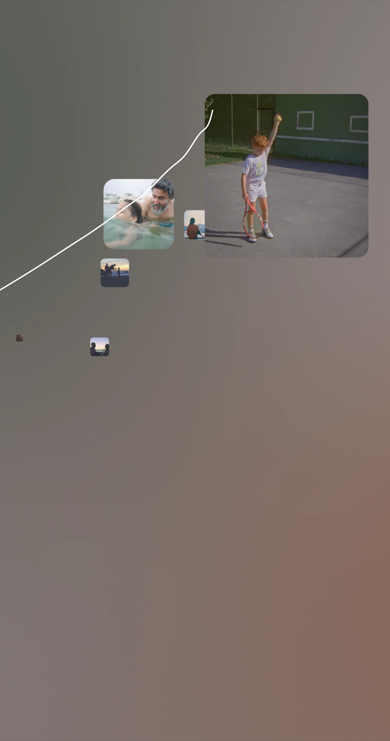 A video displaying a rising graph on top of various life events, including a boy using a tennis racket and friends swimming.