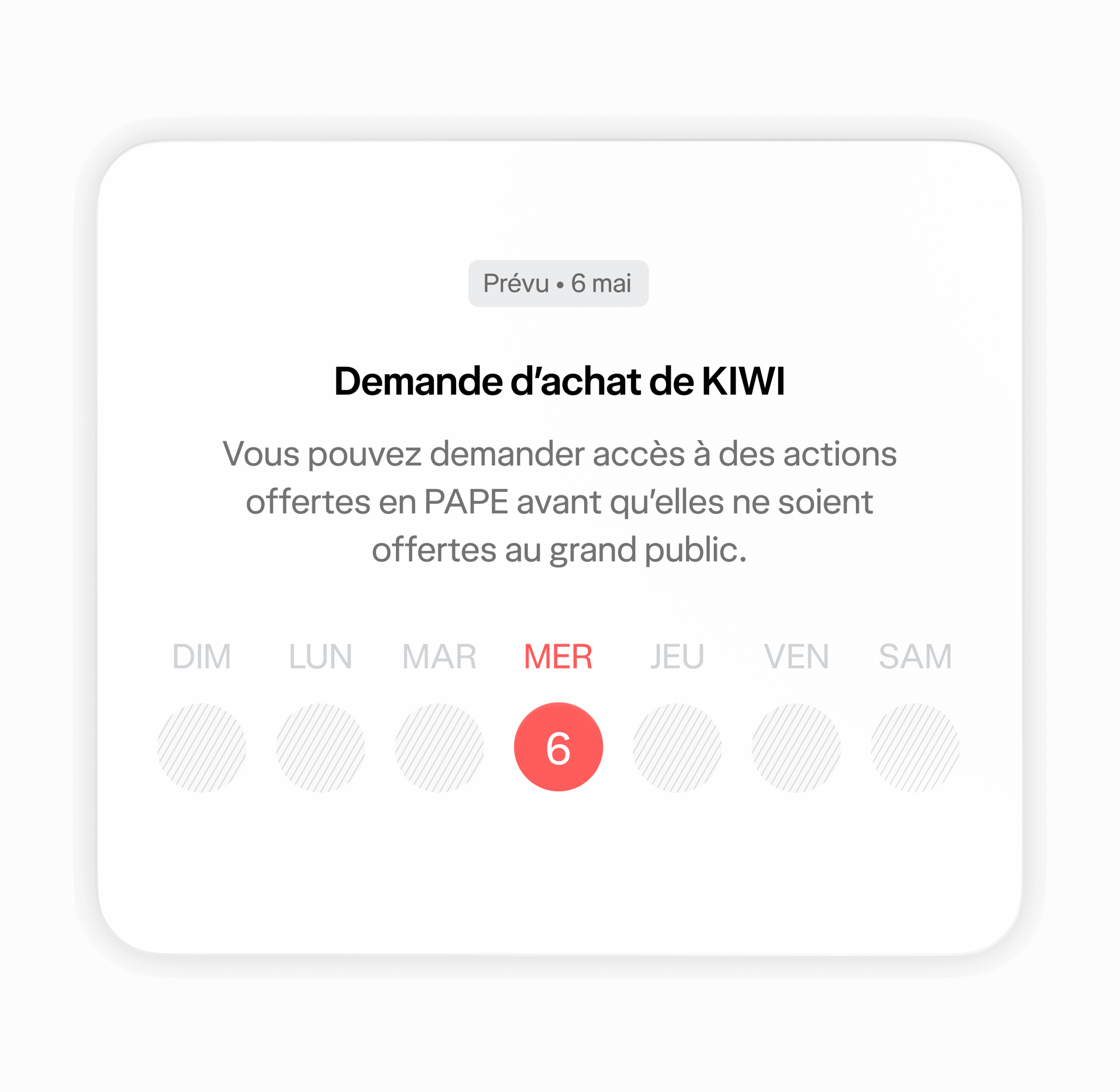 L'écran de demande d'achat sur l'application Wealthsimple affichant une demande d'achat de l'action fictive KALE.