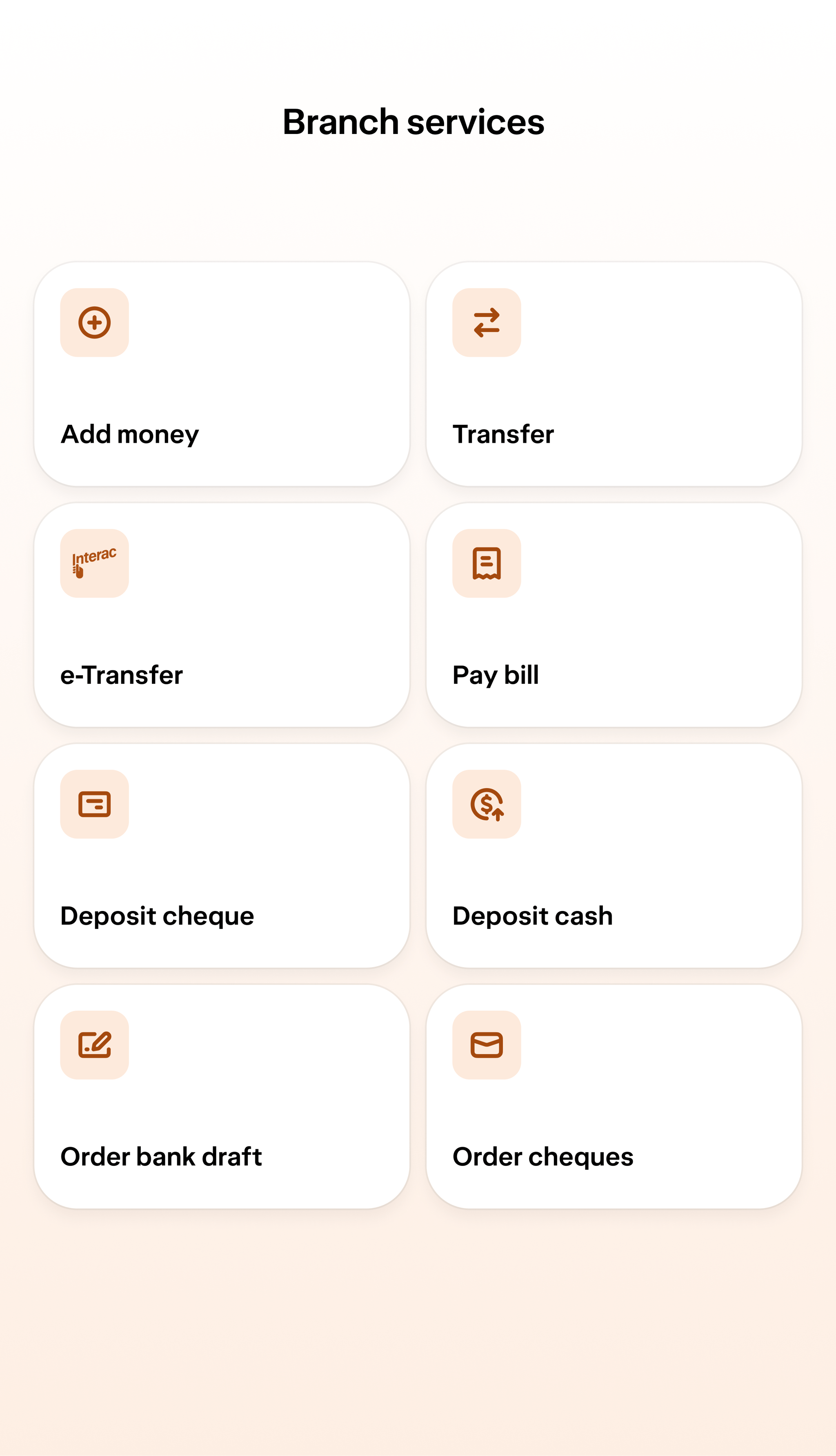 A screen displaying Branch services in Wealthsimple's app, with tiles for Add money, Transfer, e-Transfer, Pay bill, Deposit cheque, Deposit cash, Order bank draft, and Order cheques.