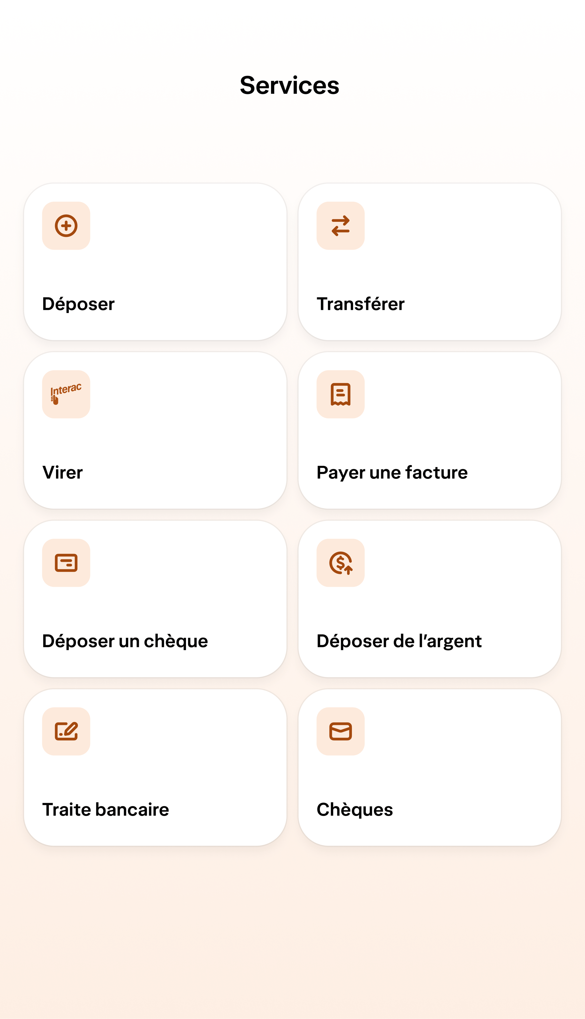 Un écran des services de succursale de l'appli Wealthsimple présentant des tuiles pour ajouter de l'argent, faire un virement, payer une facture, déposer un chèque, déposer de l'argent, commander des traites bancaires et commander des chèques.