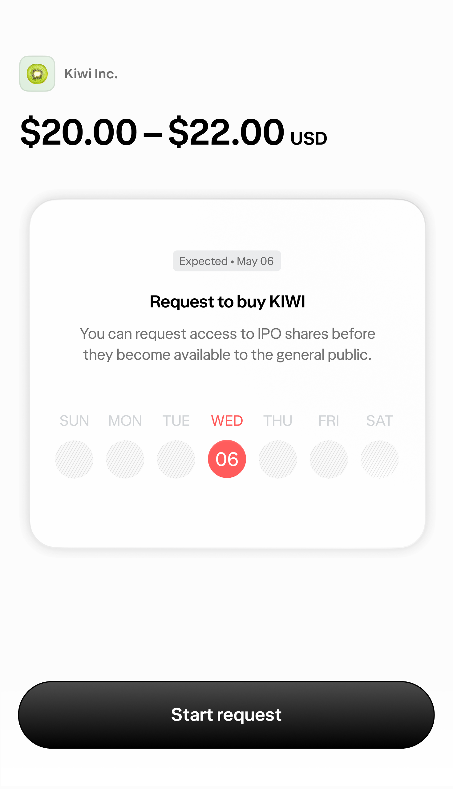 A view of the Request to buy screen on Wealthsimple's app, with a request to access shares of KIWI.