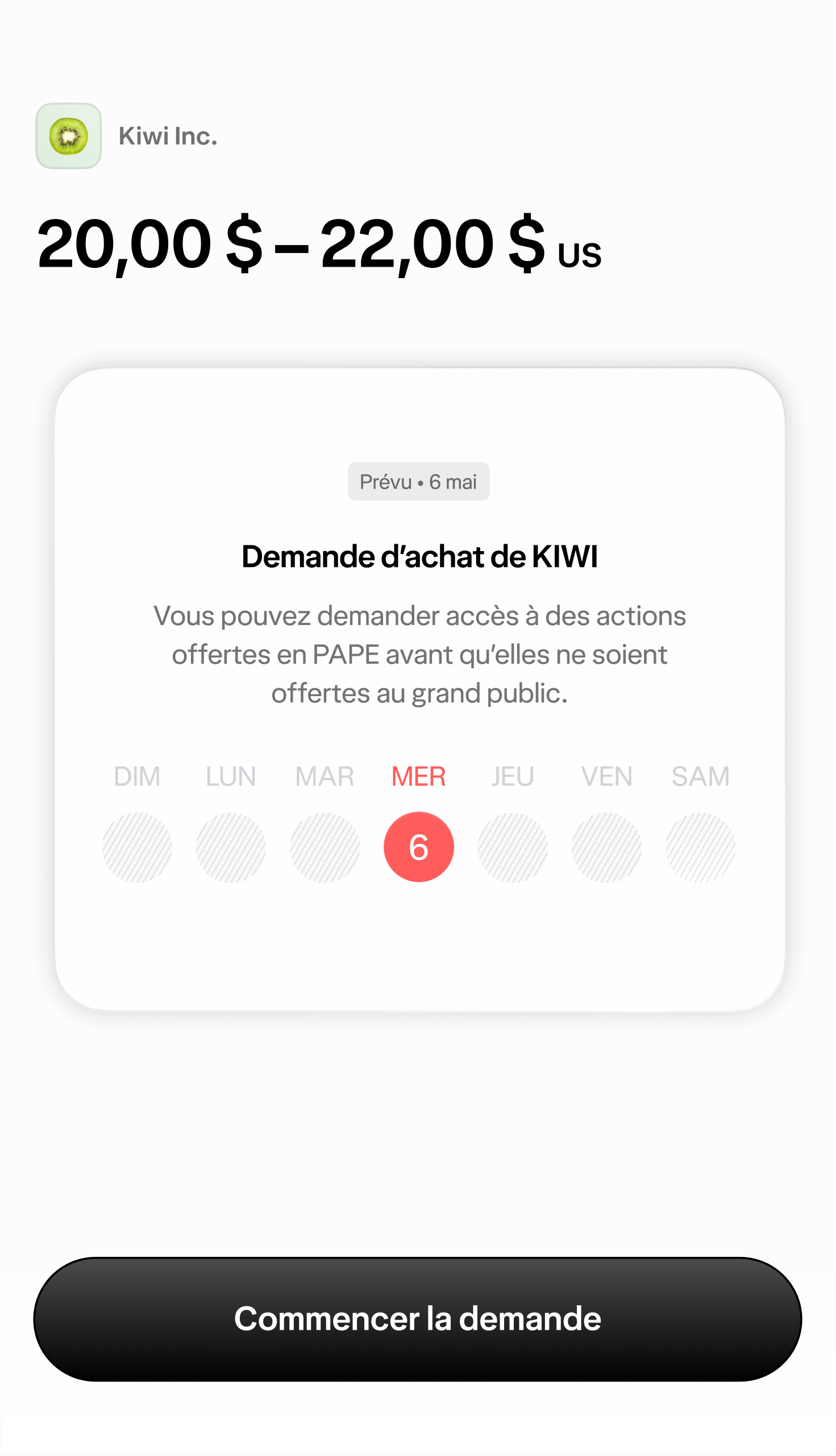 L'écran de demande d'achat sur l'application Wealthsimple affichant une demande d'achat de l'action fictive KALE.