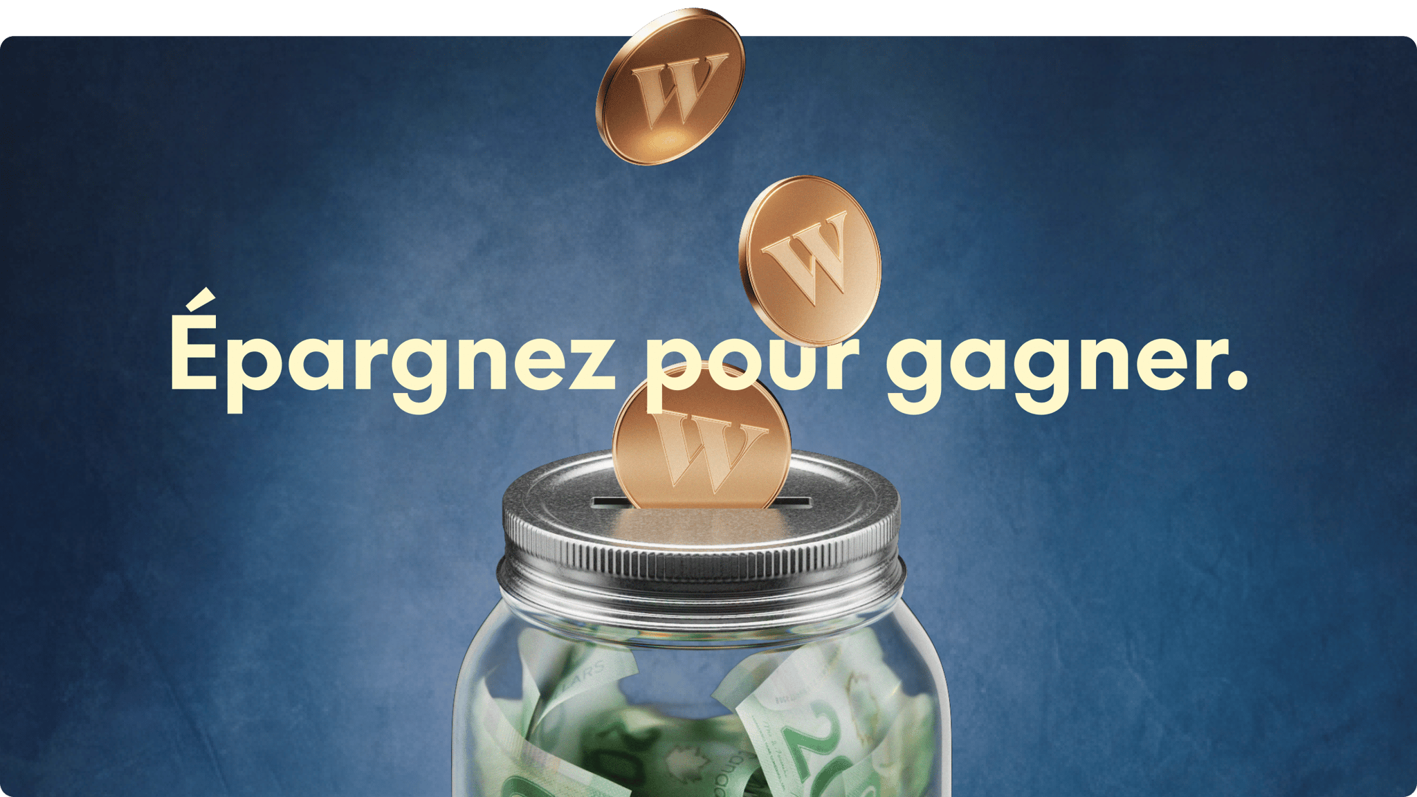 Des pièces de monnaie Wealthsimple tombent dans un pot où elles se transforment en billets de 20 $.