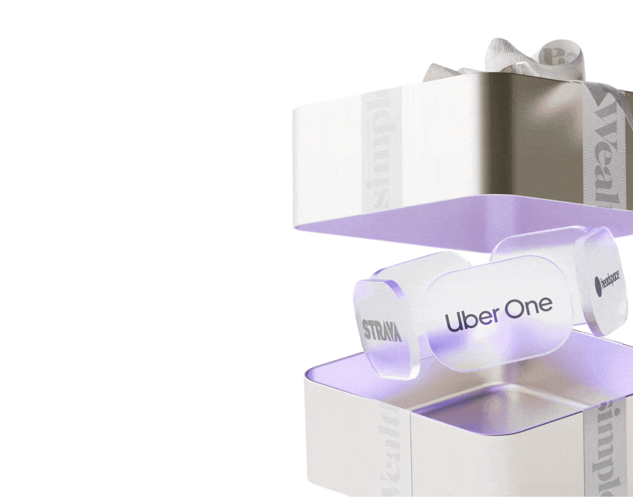 Gift box with logos inside for Uber One, Strava and Headspace.