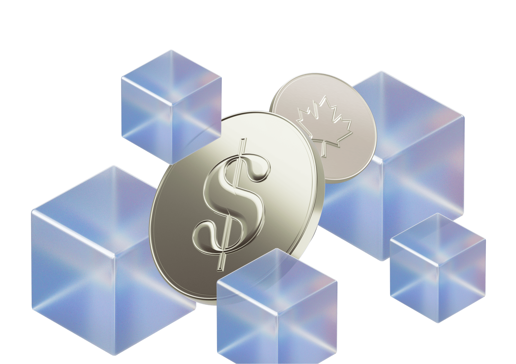 two silver coins, one showing a dollar sign, another a maple leaf, surrounded by transparent cubes.