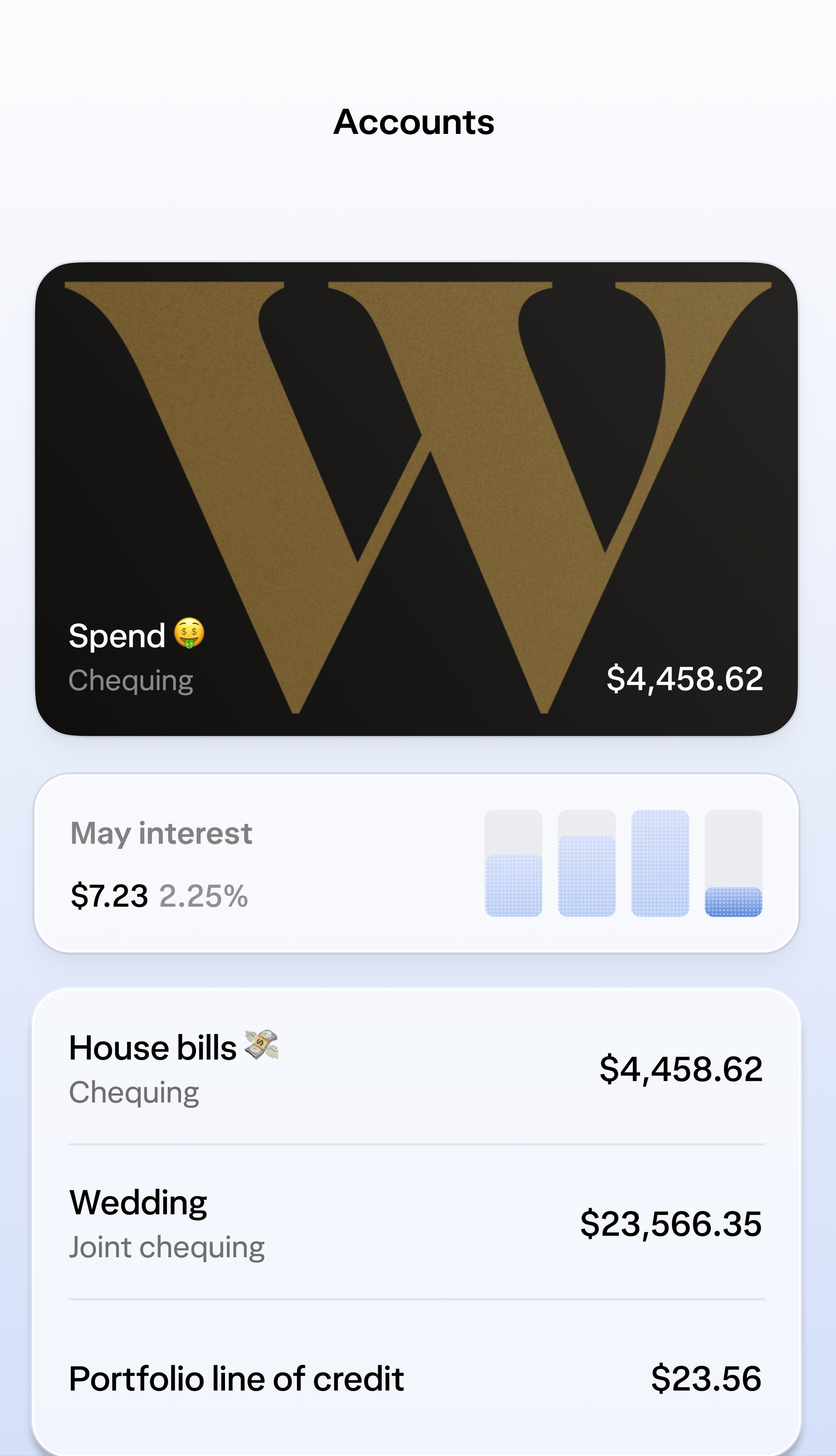 A screen displaying a Wealthsimple chequing card, interest, and accounts for House bills, Wedding savings, and a Portfolio line of credit.