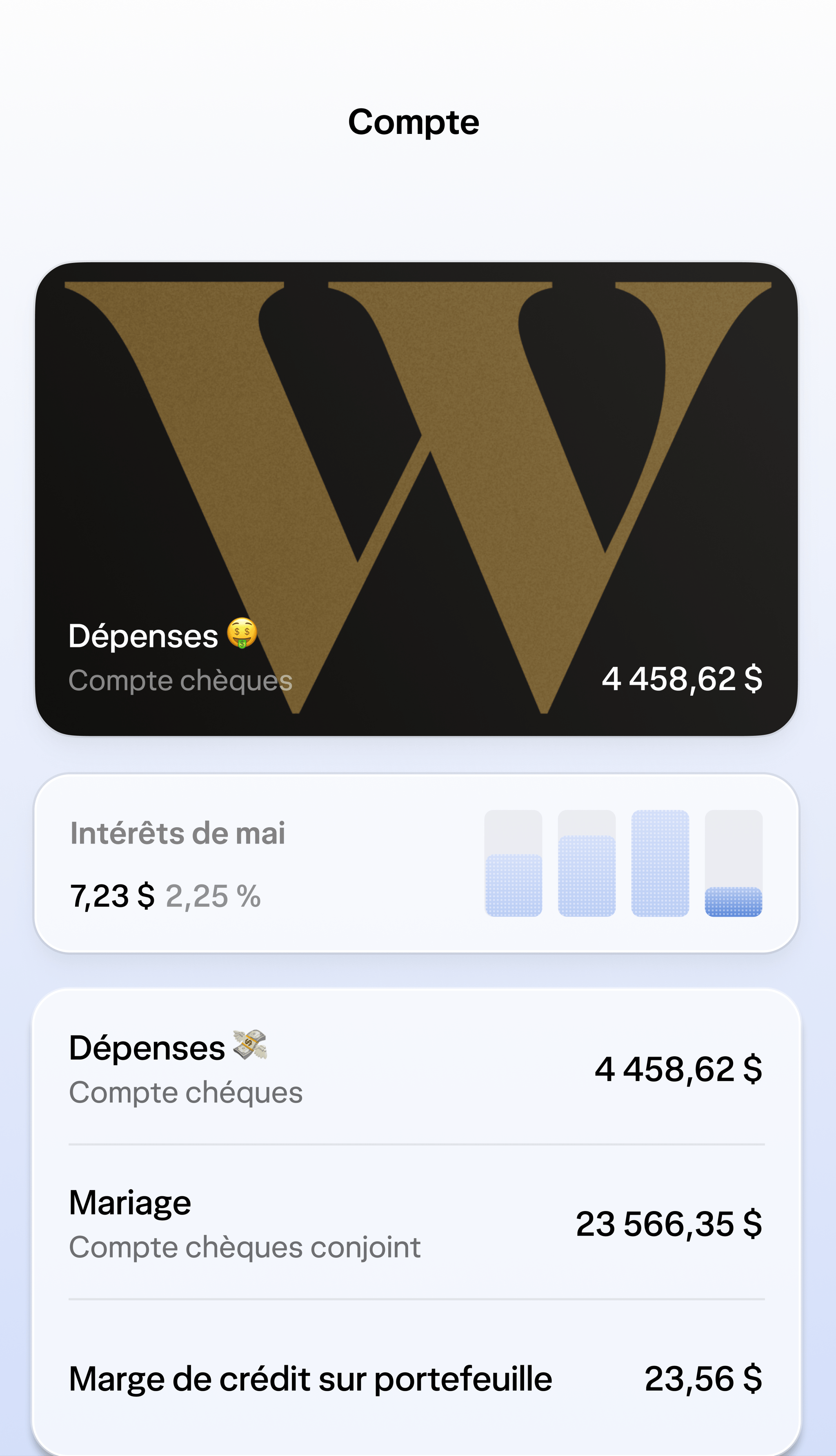 Un écran affichant une carte Wealthsimple, les intérêts et les comptes Dépenses, Mariage et Marge de crédit sur portefeuille.