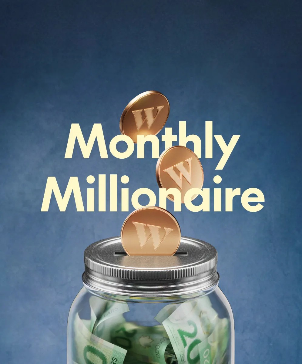Photo of Wealthsimple coins entering a jar of money with the title "Monthly Millionaire"