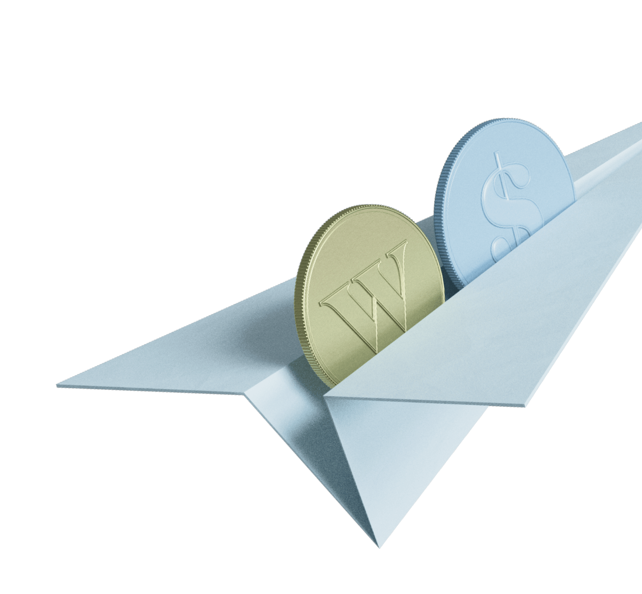 Two coins in the centre of a paper airoplane.