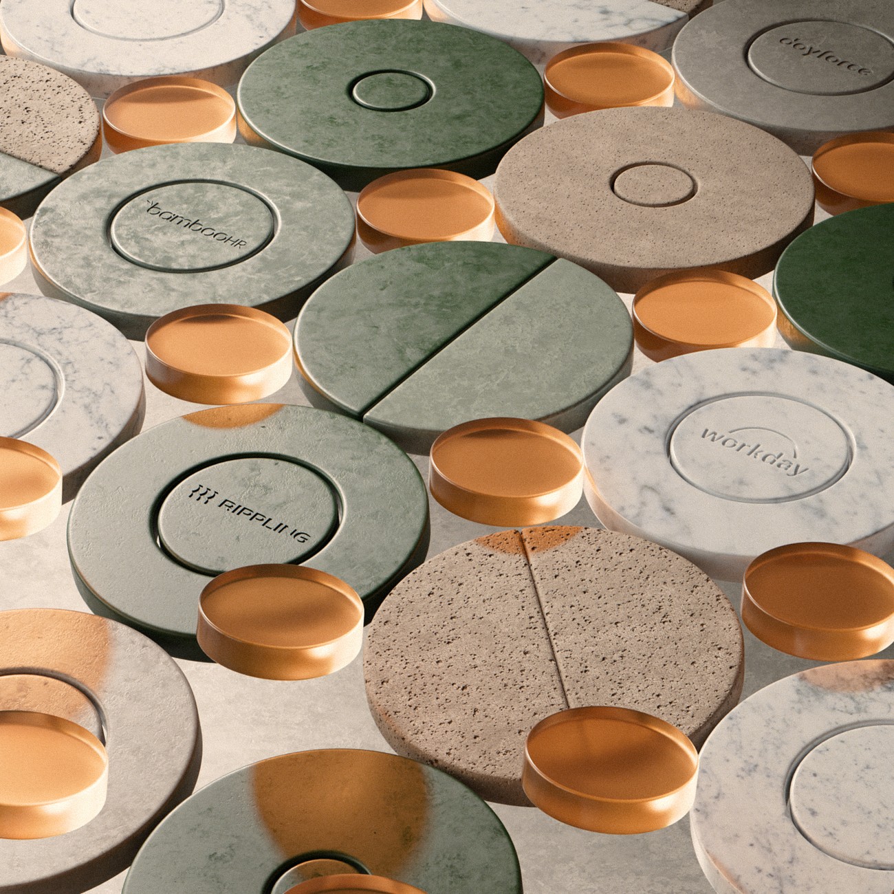 A collection of 3D discs with system logos emobssed on them fitting together