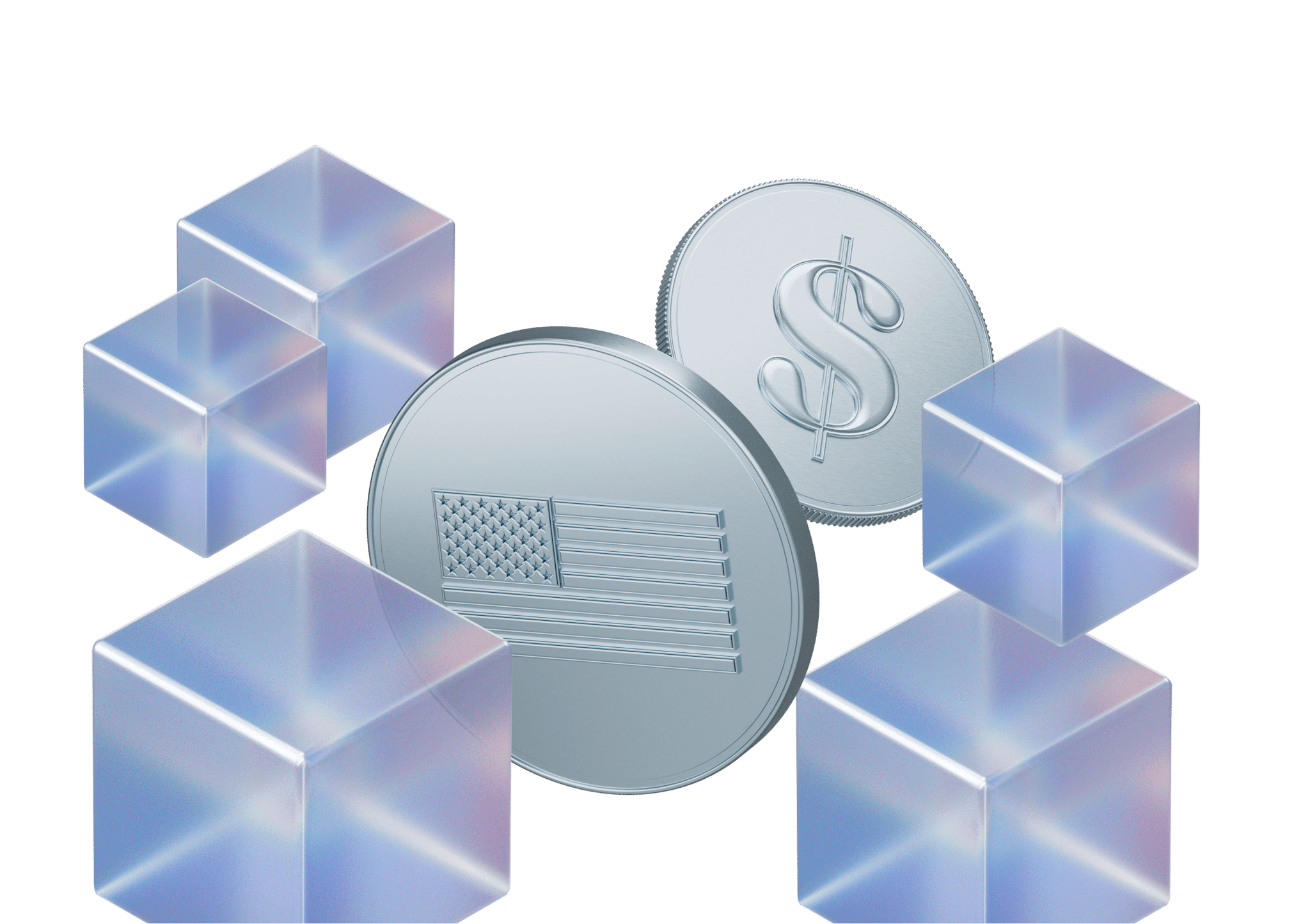 Two silver coins, one with a dollar sign, the other with the US flag, both surrounded by transparent cubes