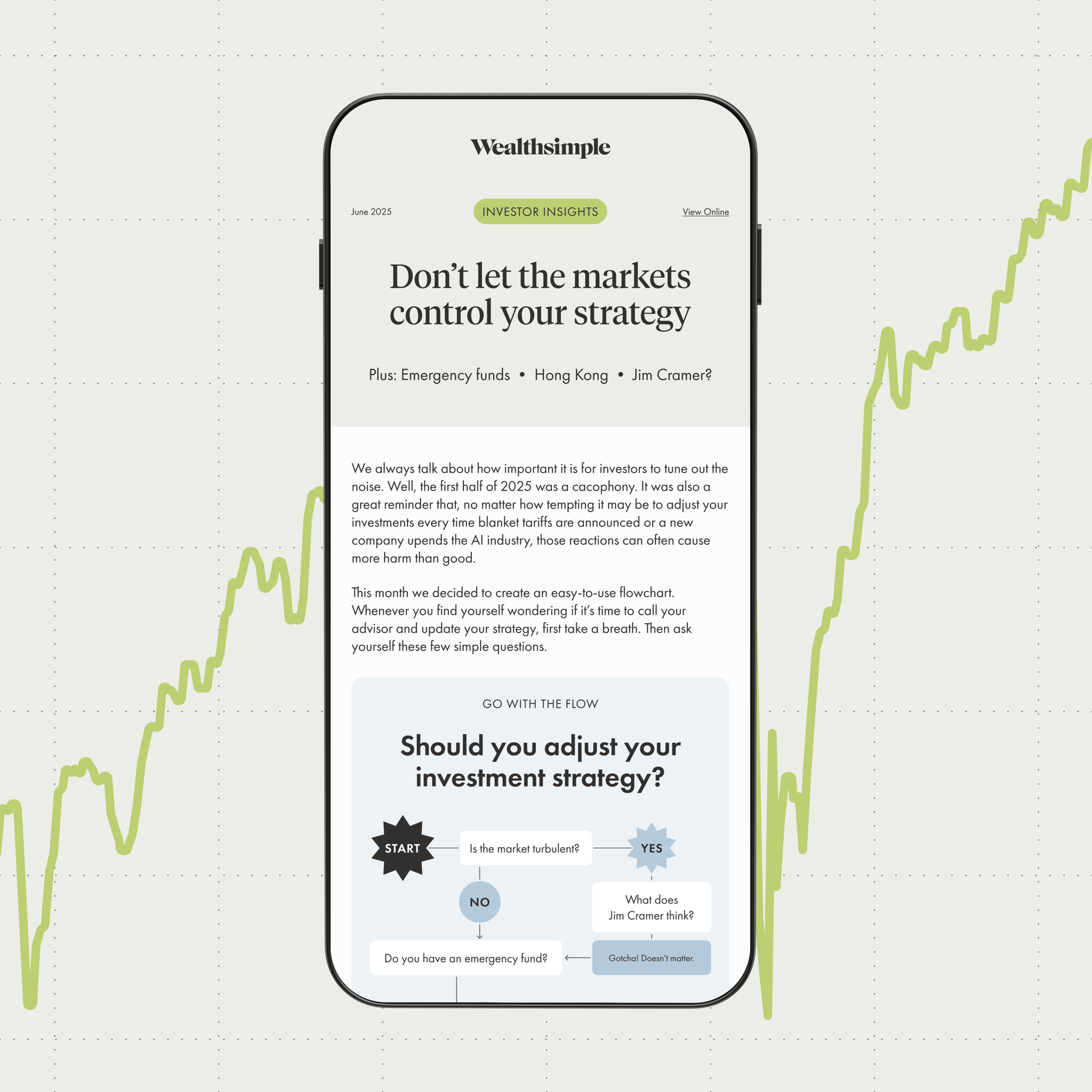 A preview of the Investor Insights newsletters, shown on a phone. On screen, we see a recap of a recent edition including a flow chart helping clients decide how to react to market volatility.