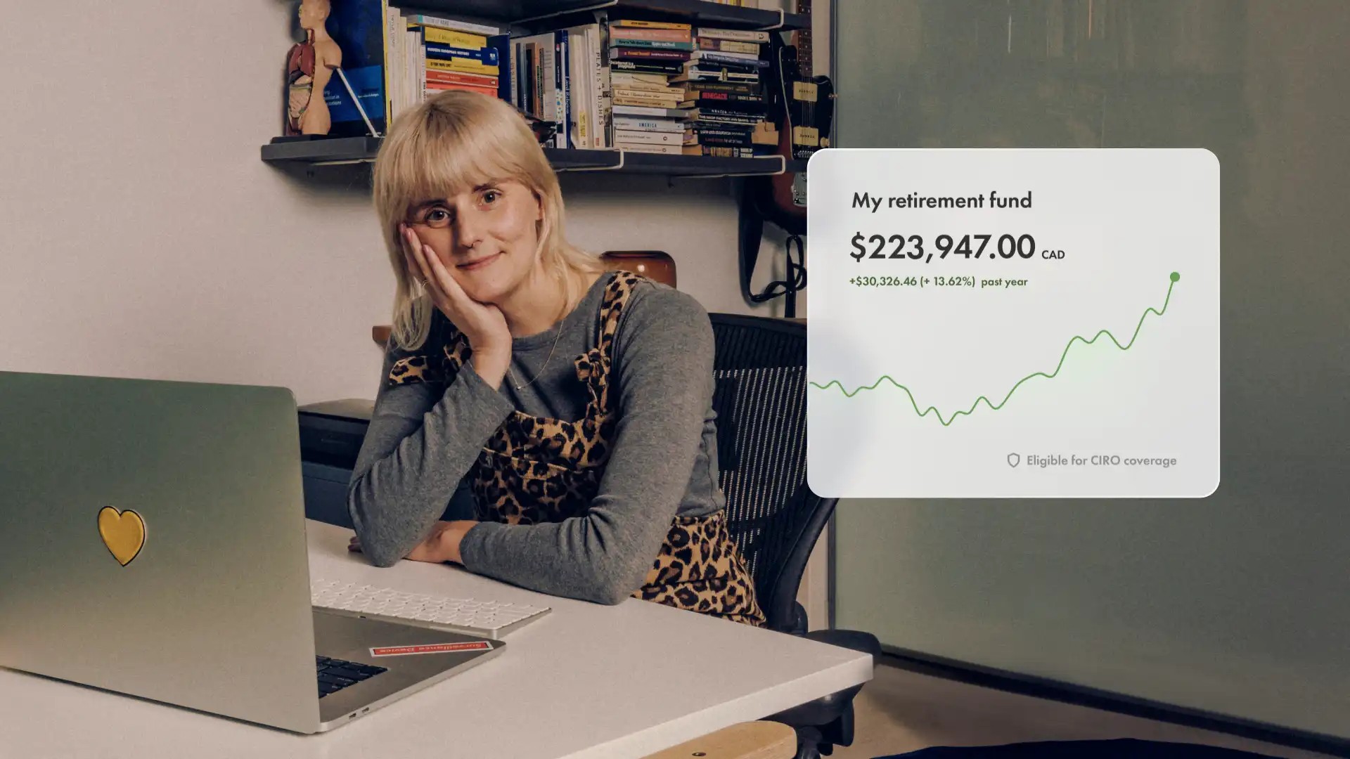 Smiling Wealthsimple client with her laptop. Climbing graph reads "My retirement fund" and "Eligible for CIRO coverage"