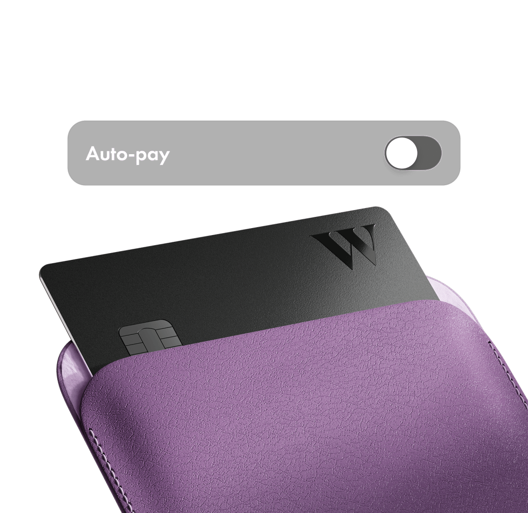 A demo of the auto-pay features being turned on in the app with a Wealthsimple credit card in a wallet in the background.