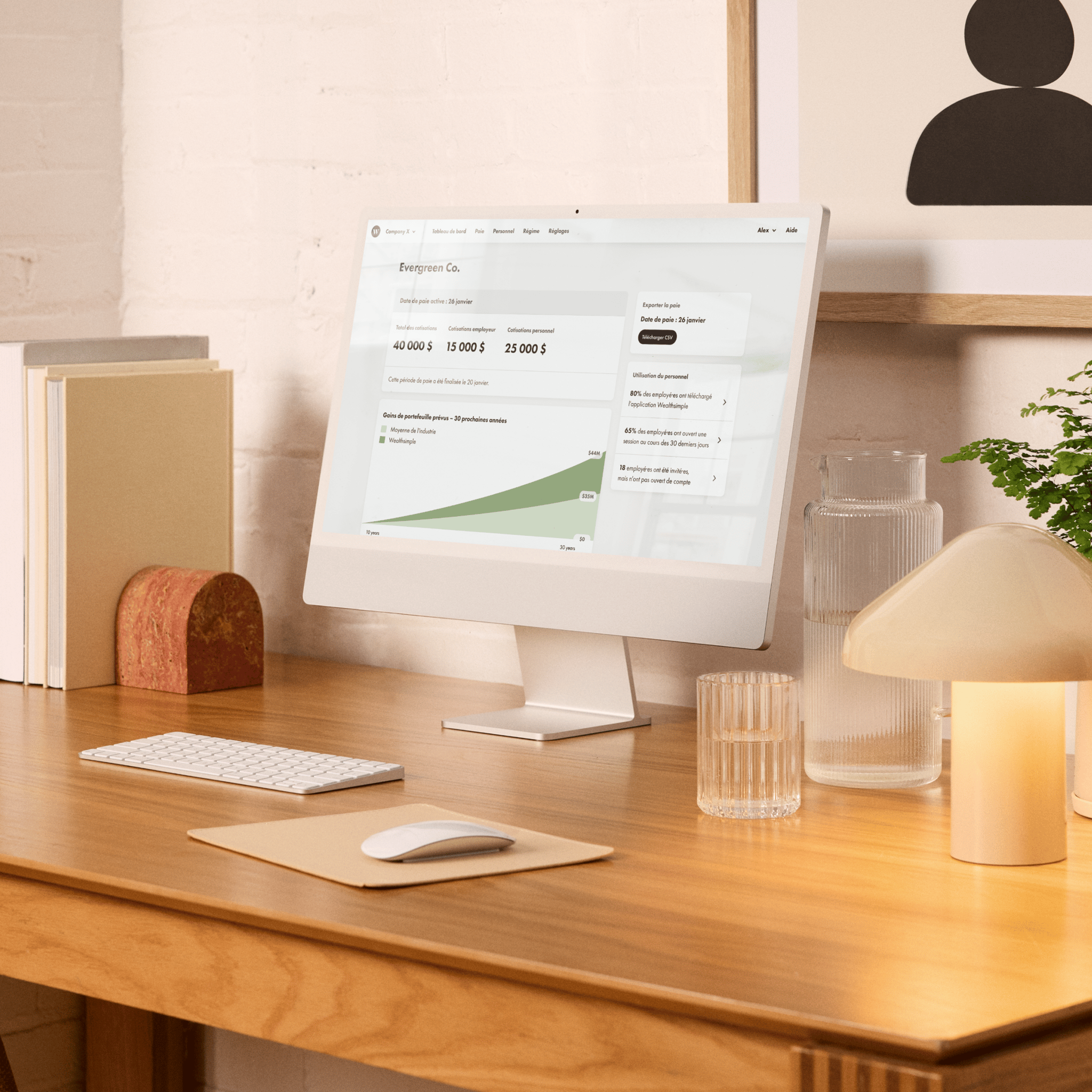 Un écran sur un bureau affichant le tableau de bord Wealthsimple pour entreprises