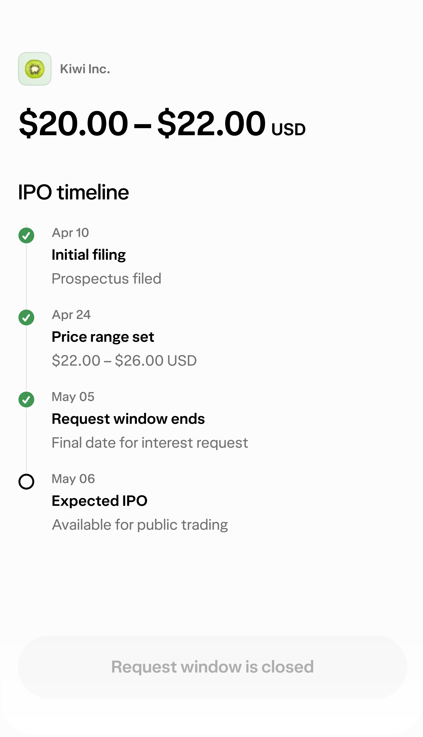 A view of the IPO timeline screen on Wealthsimple's app, including the initial filing, price range set, the request window ending date, and expected IPO.