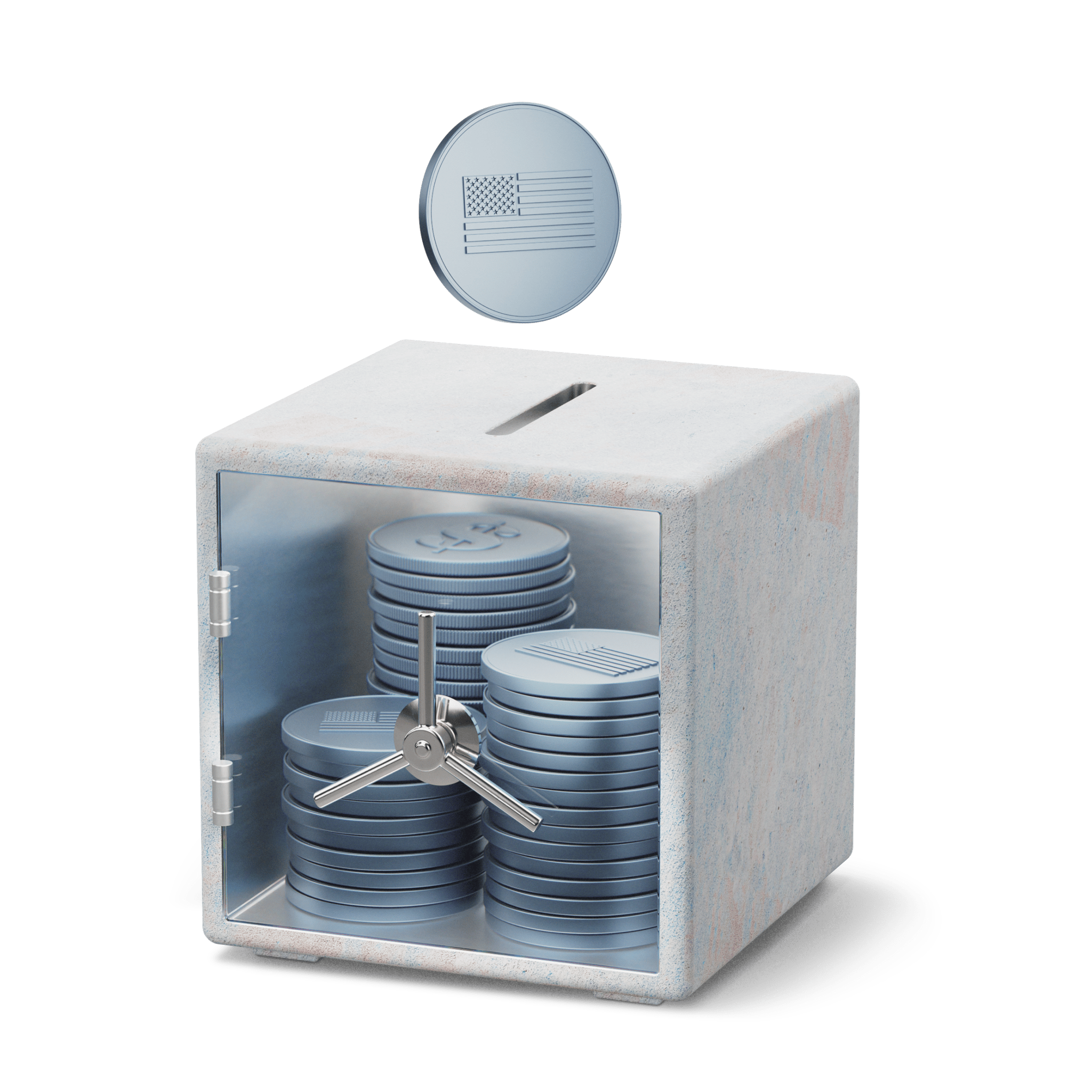 A U.S. coin dropping into a safe filled with stacked coins.