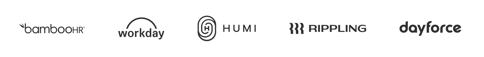 Collection of logos for integrations available with Wealthsimple for Business: Bamboo HR, Workday, HUMI, Rippling, Dayforce.