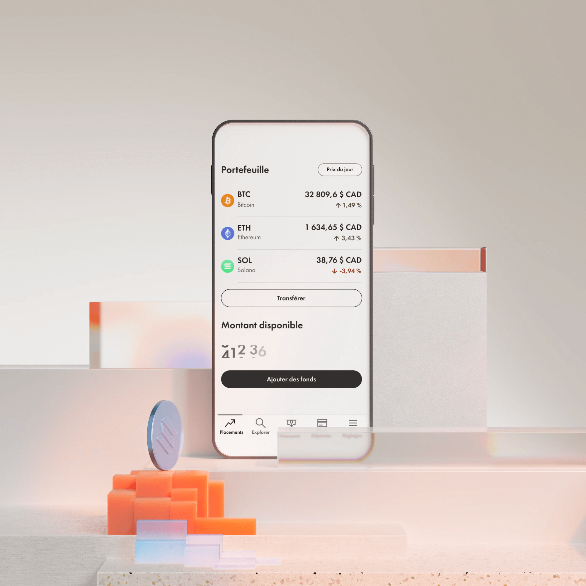 Un téléphone affichant un portefeuille Wealthsimple Crypto placé sur un bloc, des jetons qui roulent autour