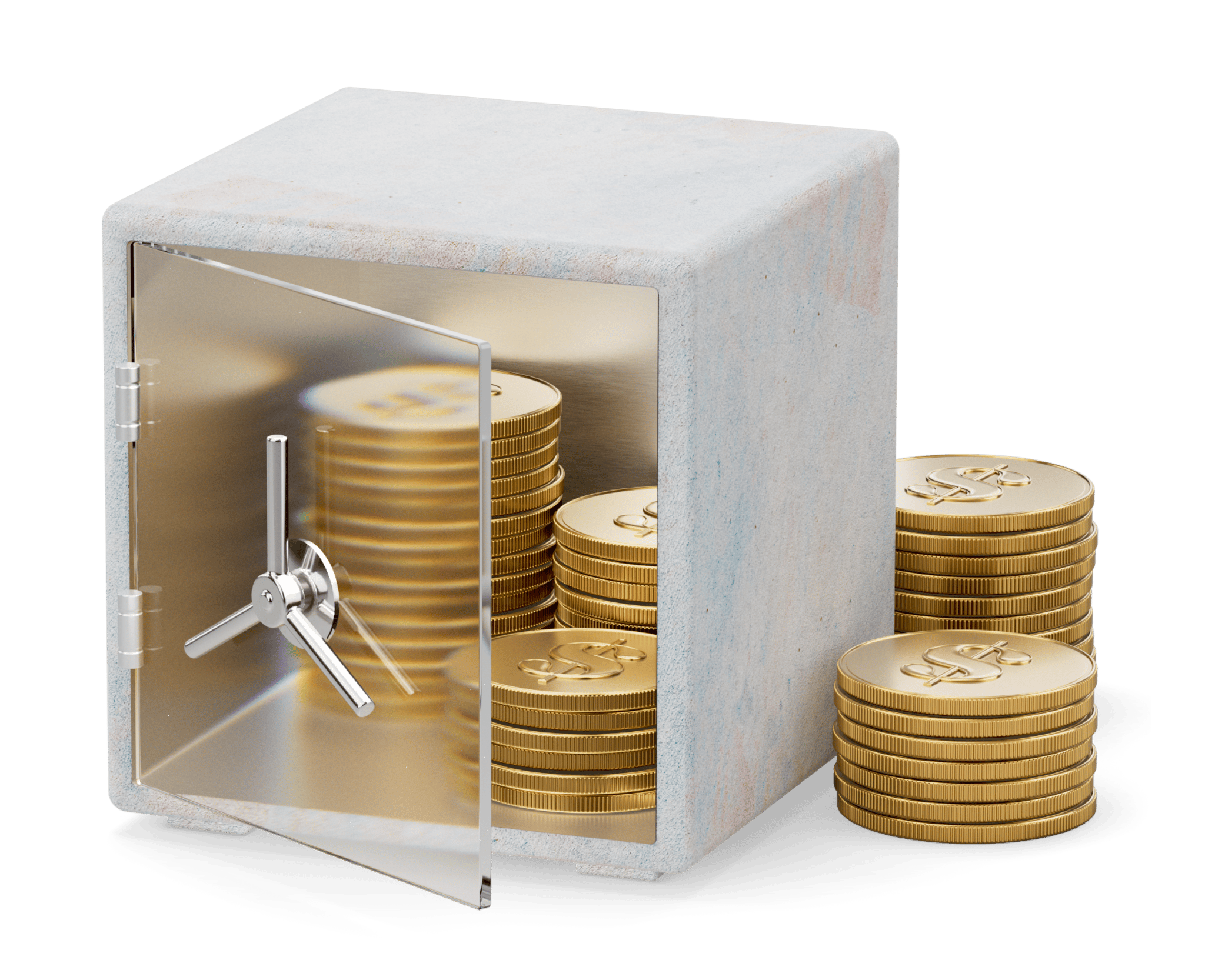 A safe holding a bunch of stacked gold coins