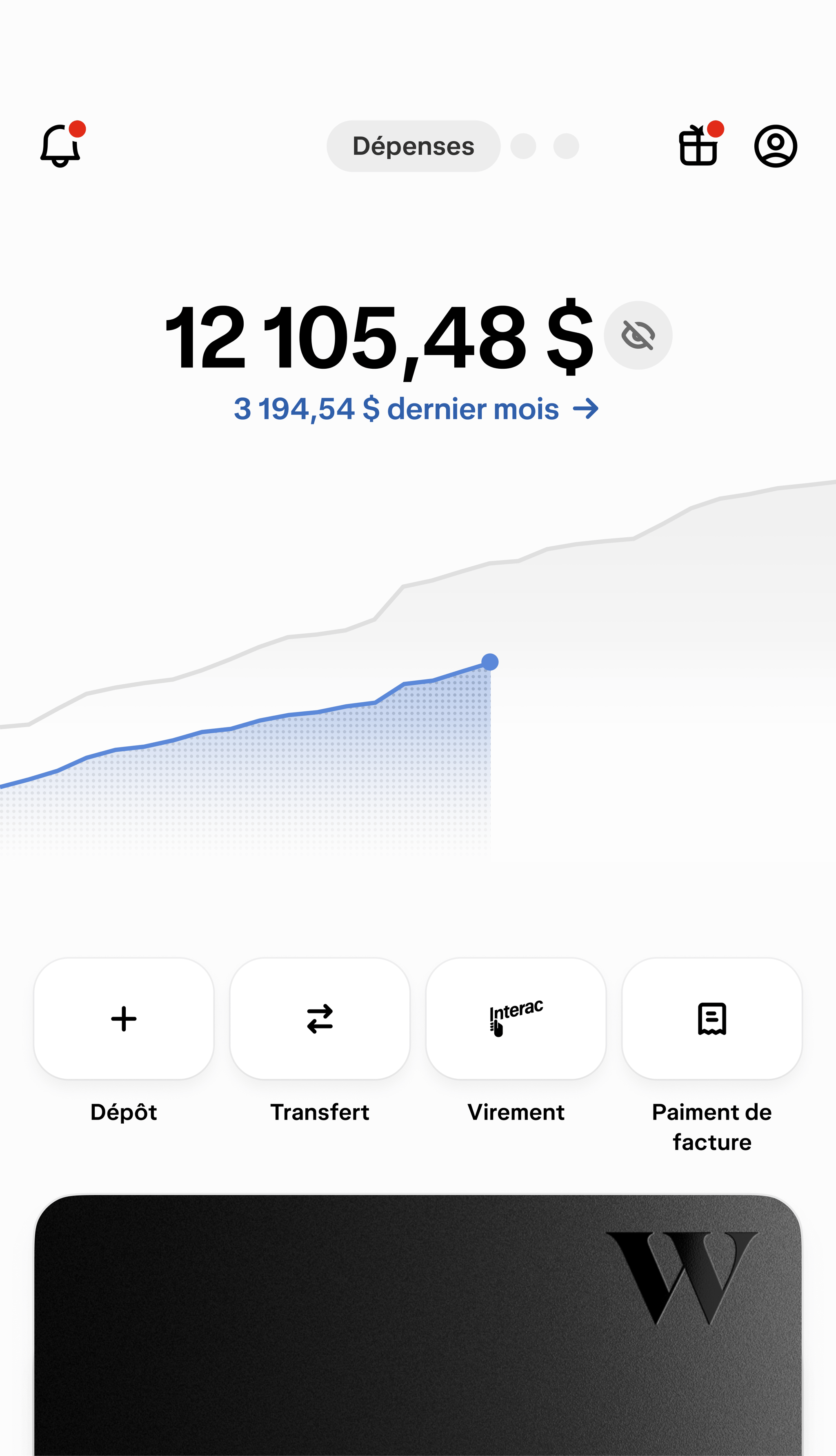 Un écran qui présente l'onglet Dépenses de l'appli Wealthsimple. On y voit un tableau qui détaille les dépenses mensuelles, une carte Wealthsimple et des boutons pour ajouter et transférer des fonds, lancer des transferts, faire des virements électroniques et payer des factures.