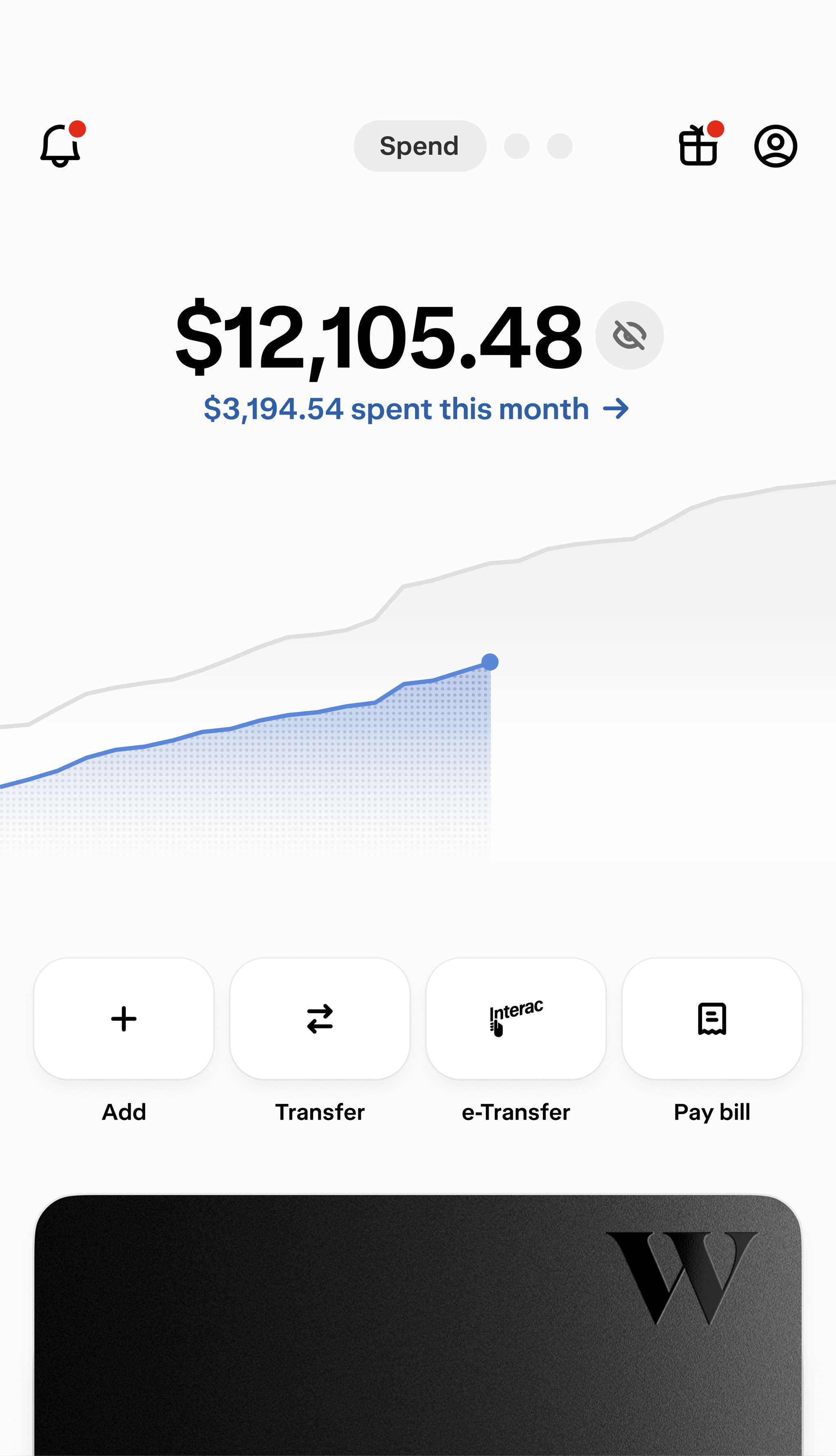 A screen displaying Wealthsimple's chequing account, including a total balance, money spent this month, and buttons to Add, Transfer, e-Transfer, or Pay Bills.