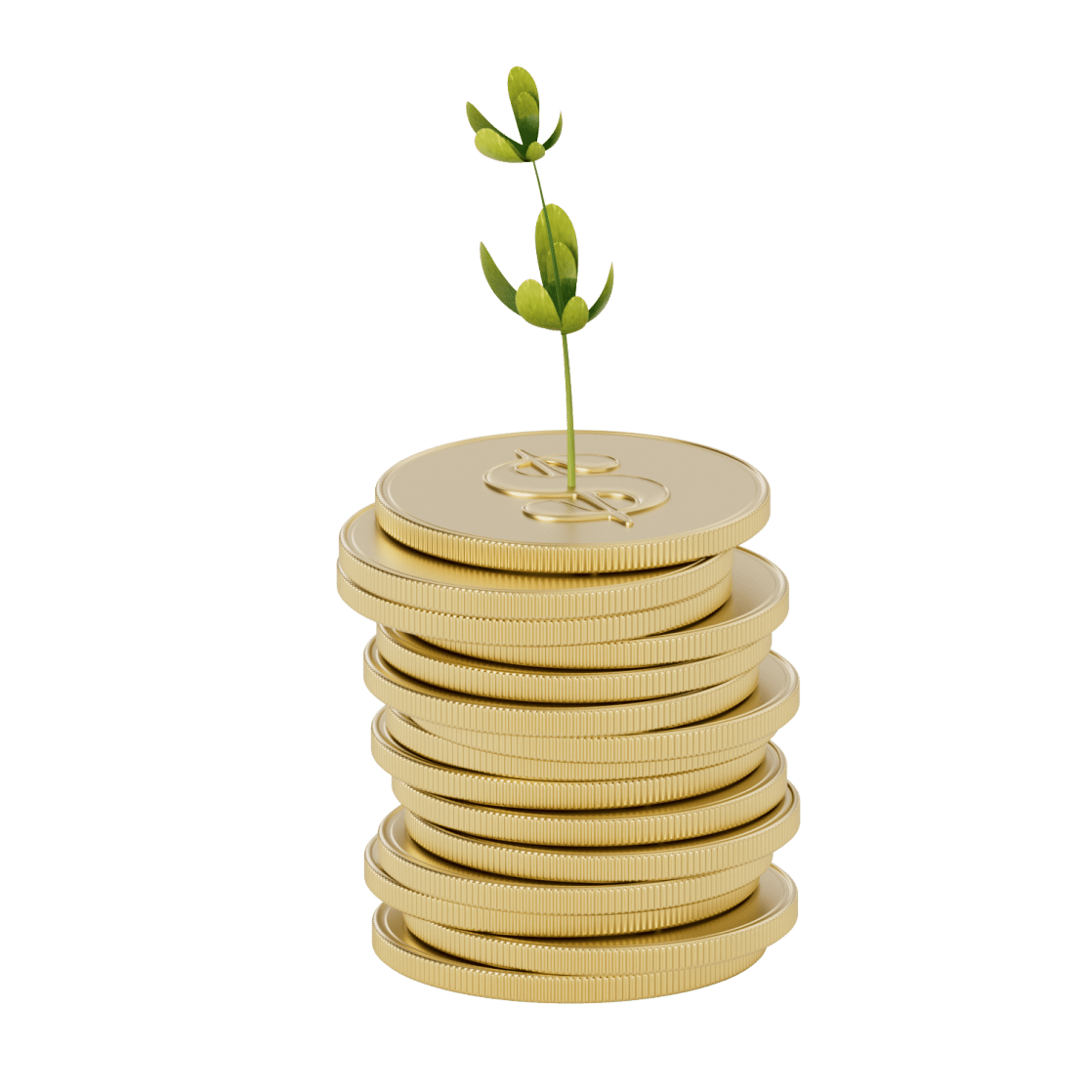 A stack of gold coins with a small plant sprout growing from the top.