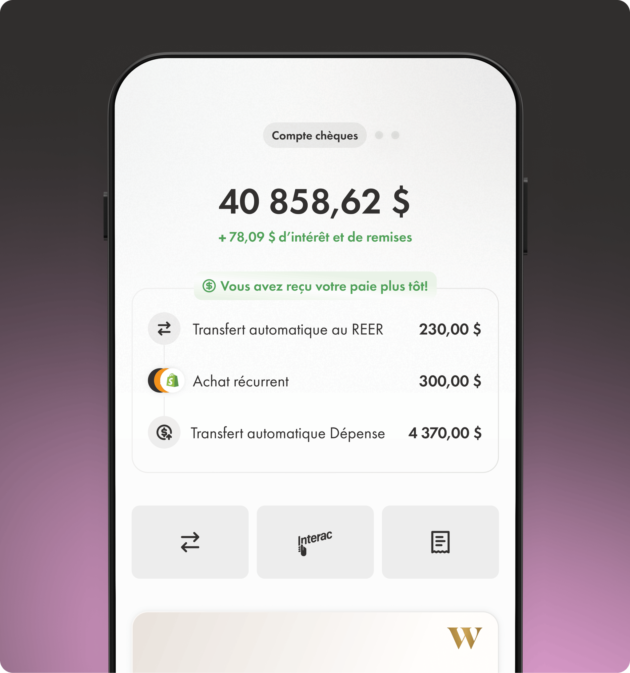 Un aperçu des fonctionnalités d'investissement automatique dans l'appli Wealthsimple.