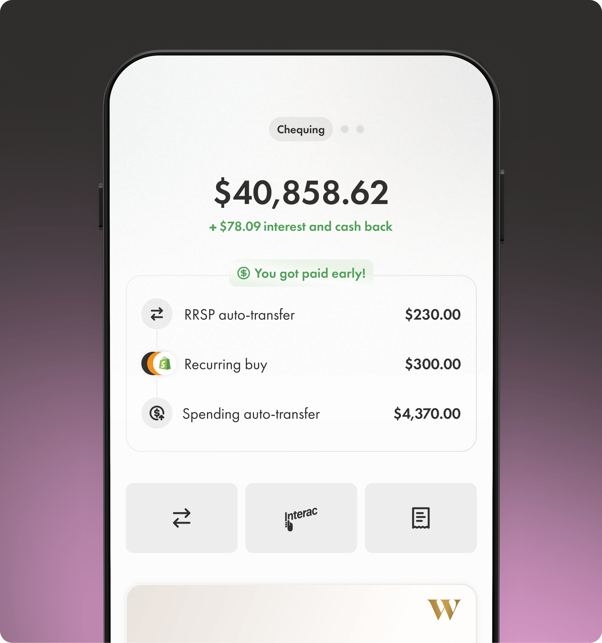 A snapshot of the auto-investing features in the Wealthsimple app.
