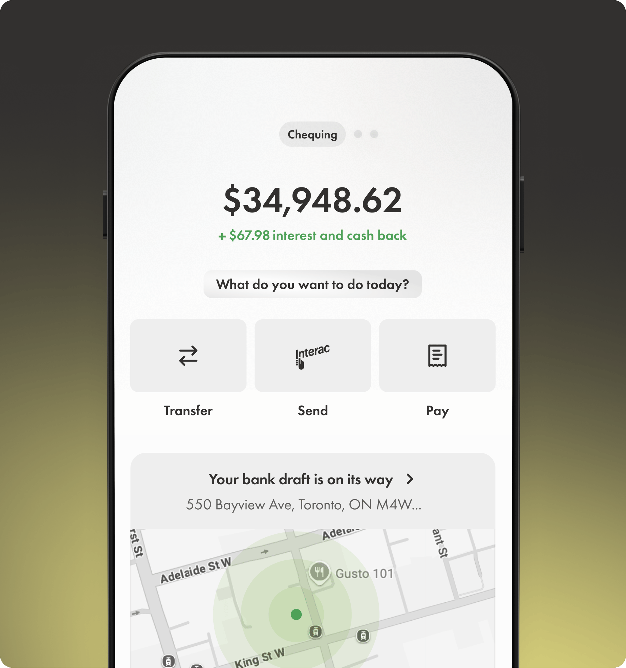 A snapshot of the chequing features in the Wealthsimple app.