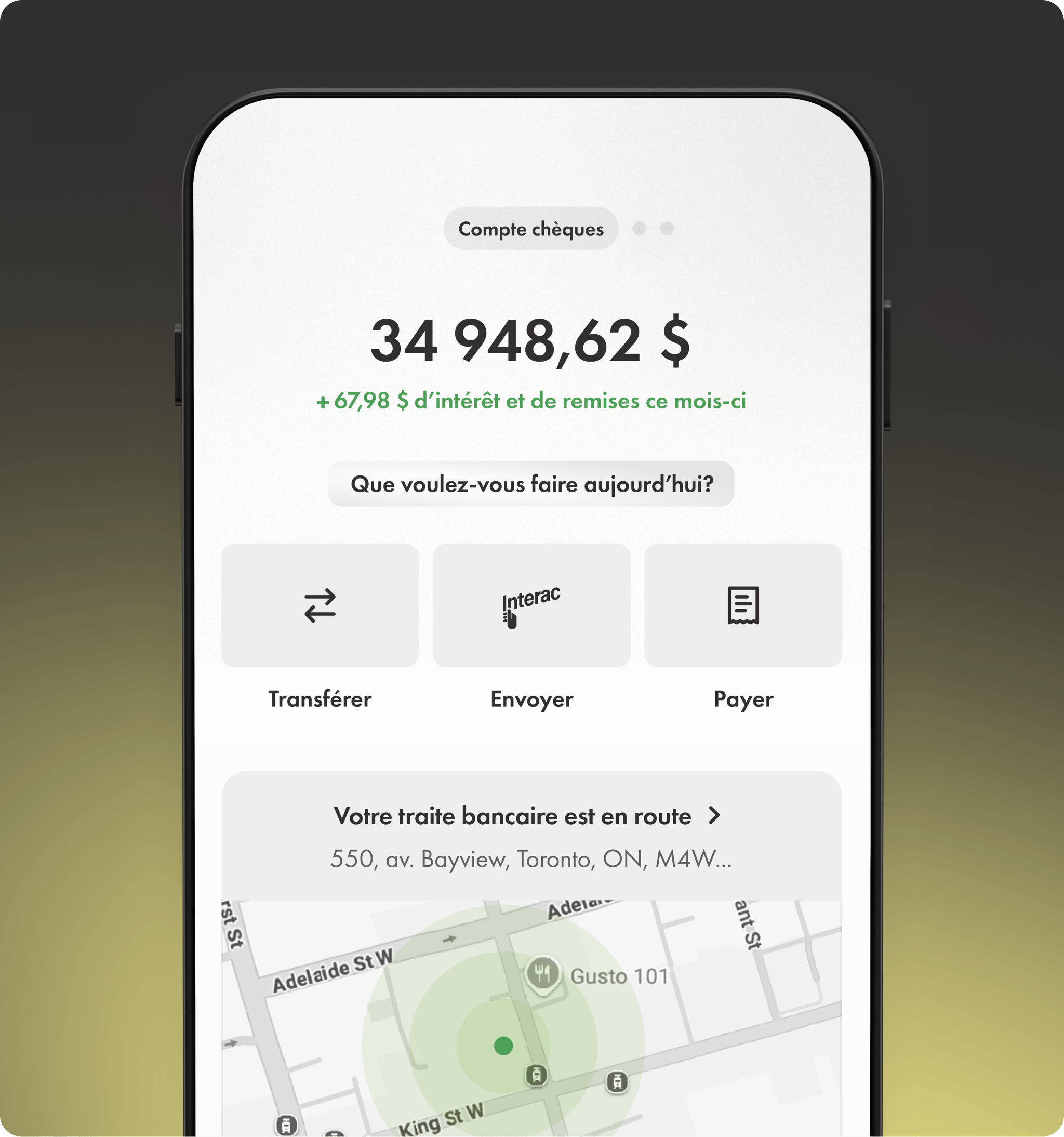 Un aperçu des fonctionnalités du compte chèques dans l'appli Wealthsimple.