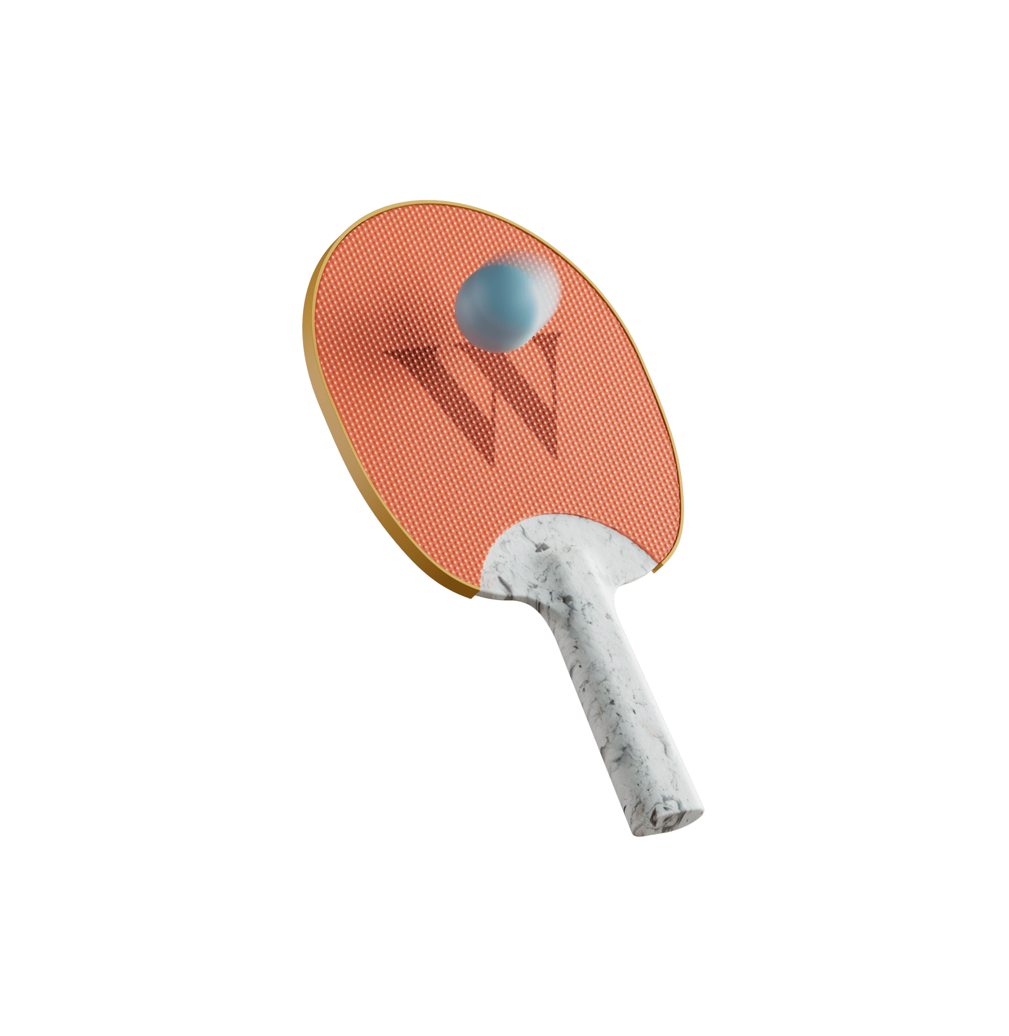 Une raquette de ping-pong en 3D avec un logo Wealthsimple, immobile, faisant rebondir une balle de ping-pong