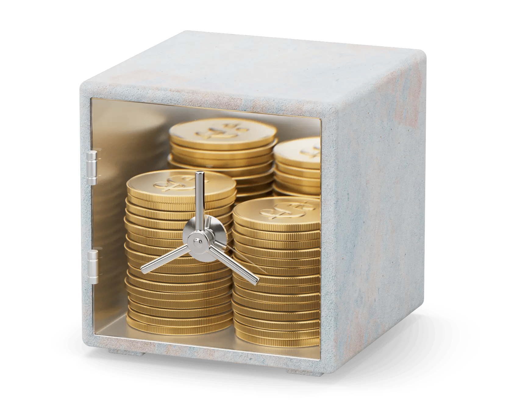 A safe holding a bunch of stacked gold coins